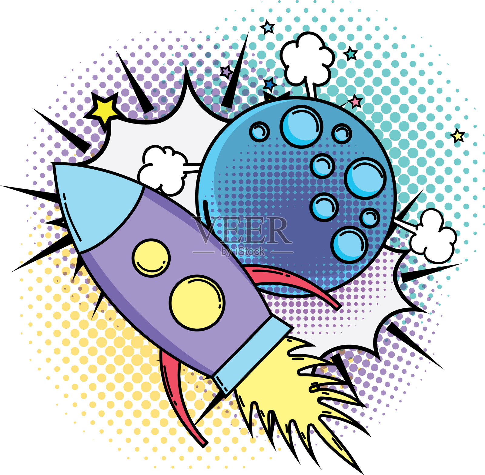 月亮与火箭波普艺术风格设计元素图片