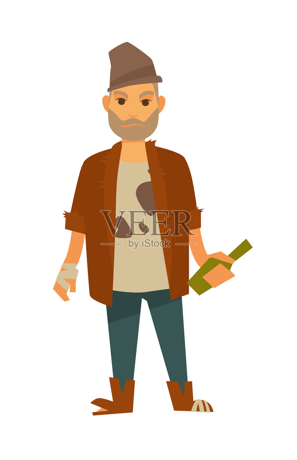 一个流浪汉，穿着脏兮兮的t恤，里面还有个瓶子设计元素图片