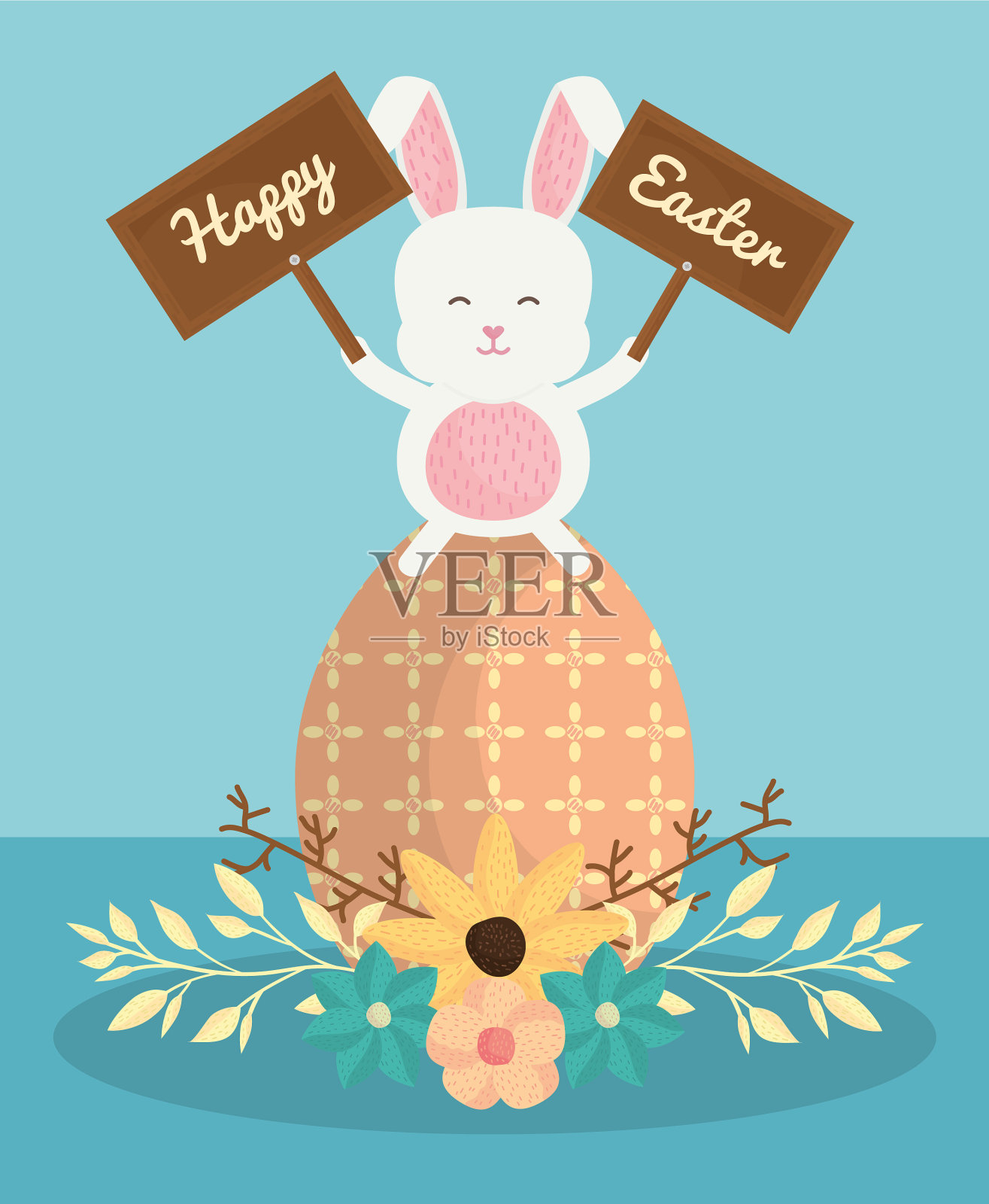 可爱的兔子和复活节彩蛋和花插画图片素材