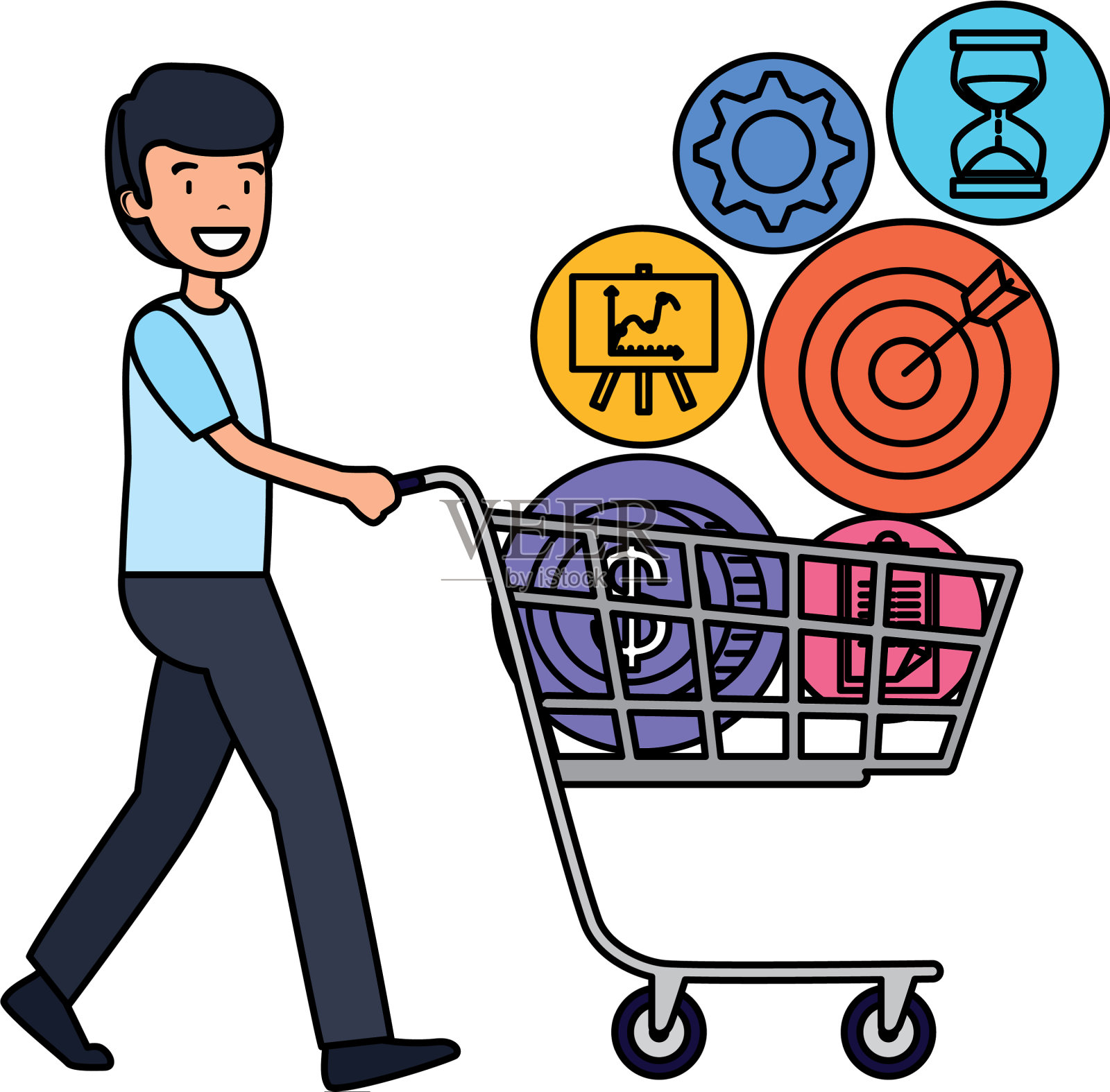 商人与购物车和商业图标设计元素图片