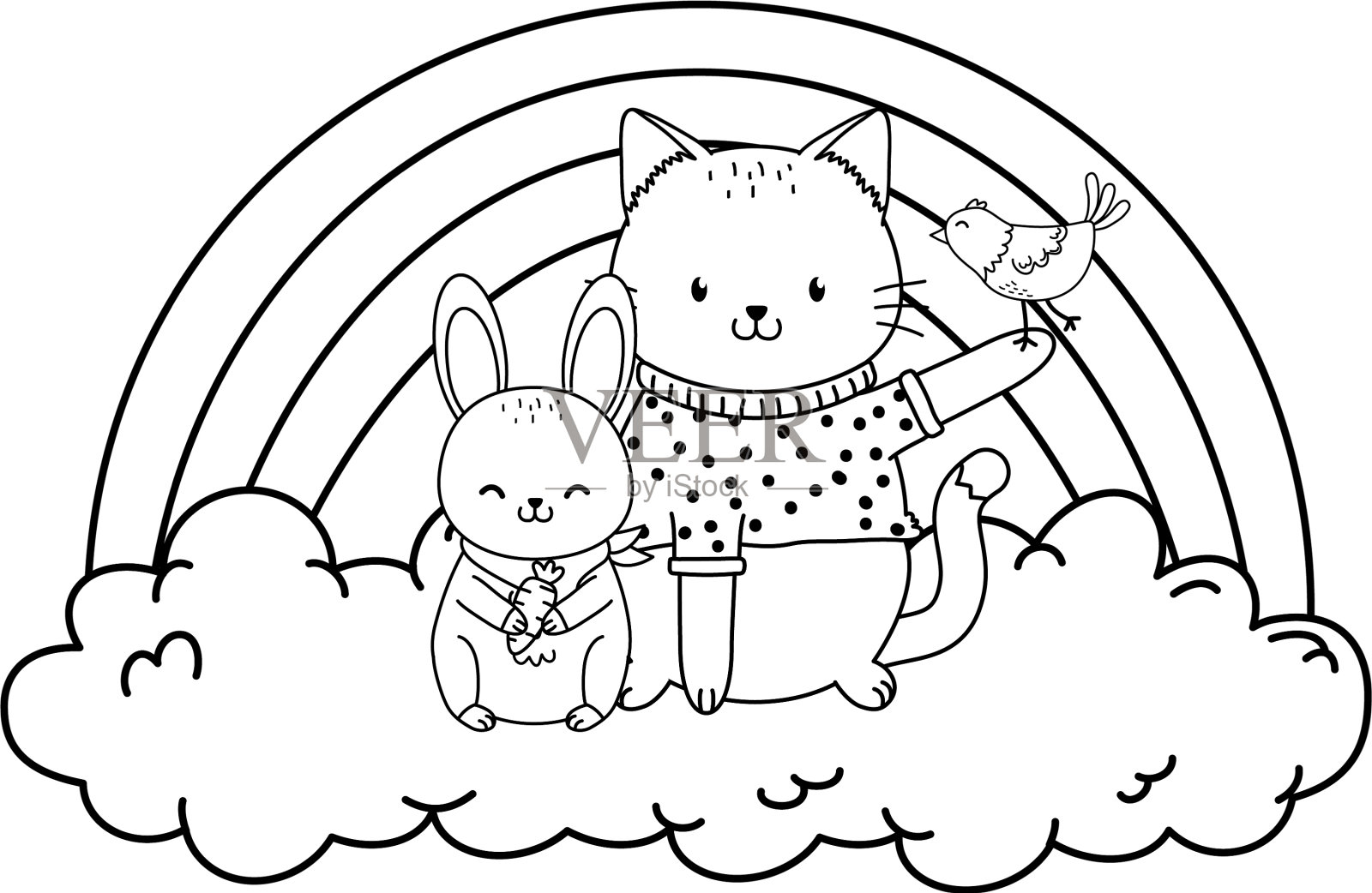 可爱的猫在云与彩虹林地的性格设计元素图片