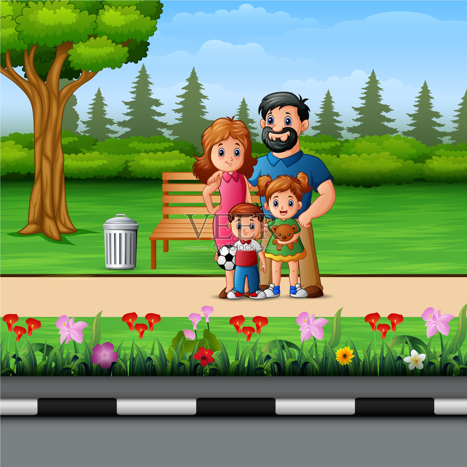 有趣的卡通家庭在美丽的公园插画图片素材