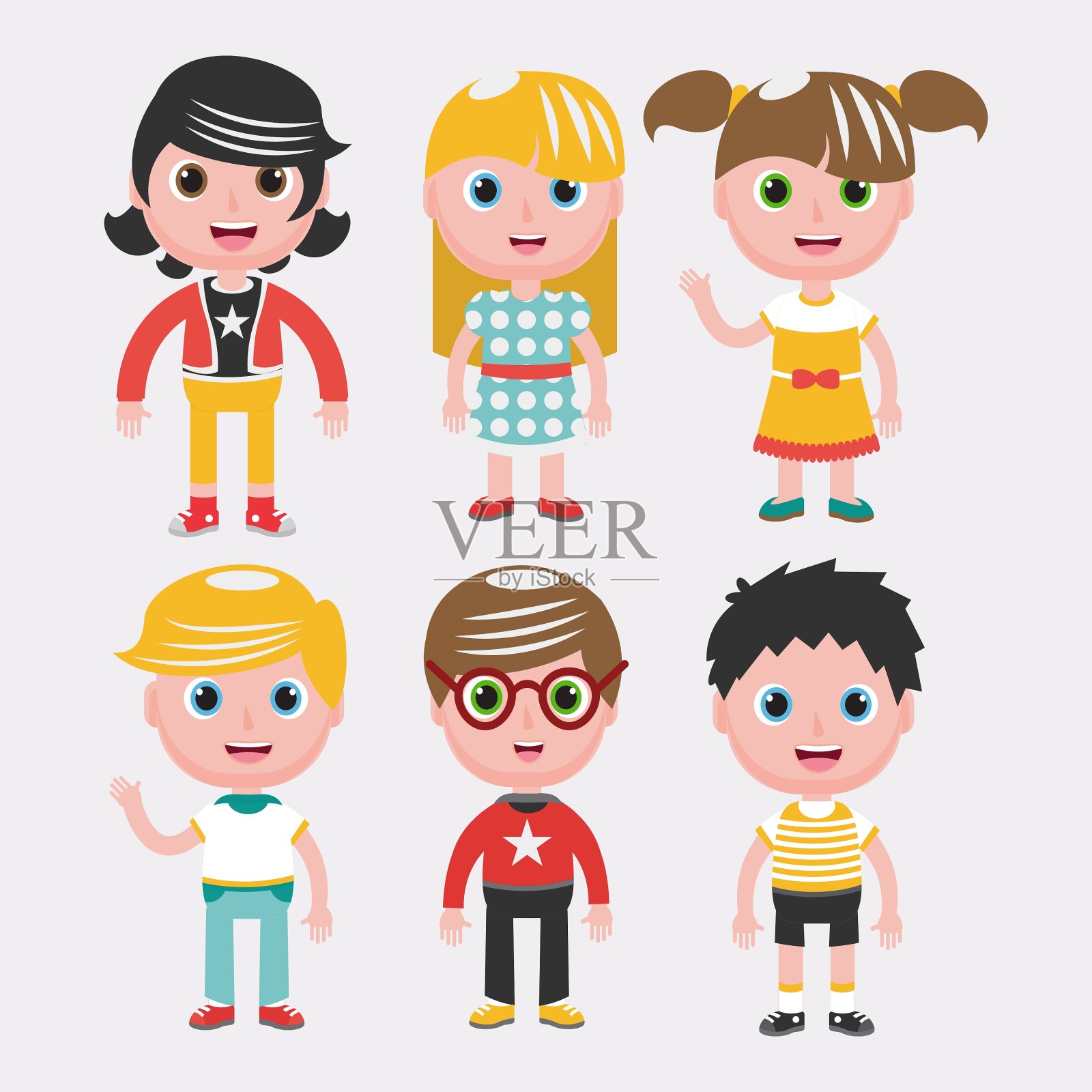 一组白色背景的孩子穿着不同的衣服插画图片素材
