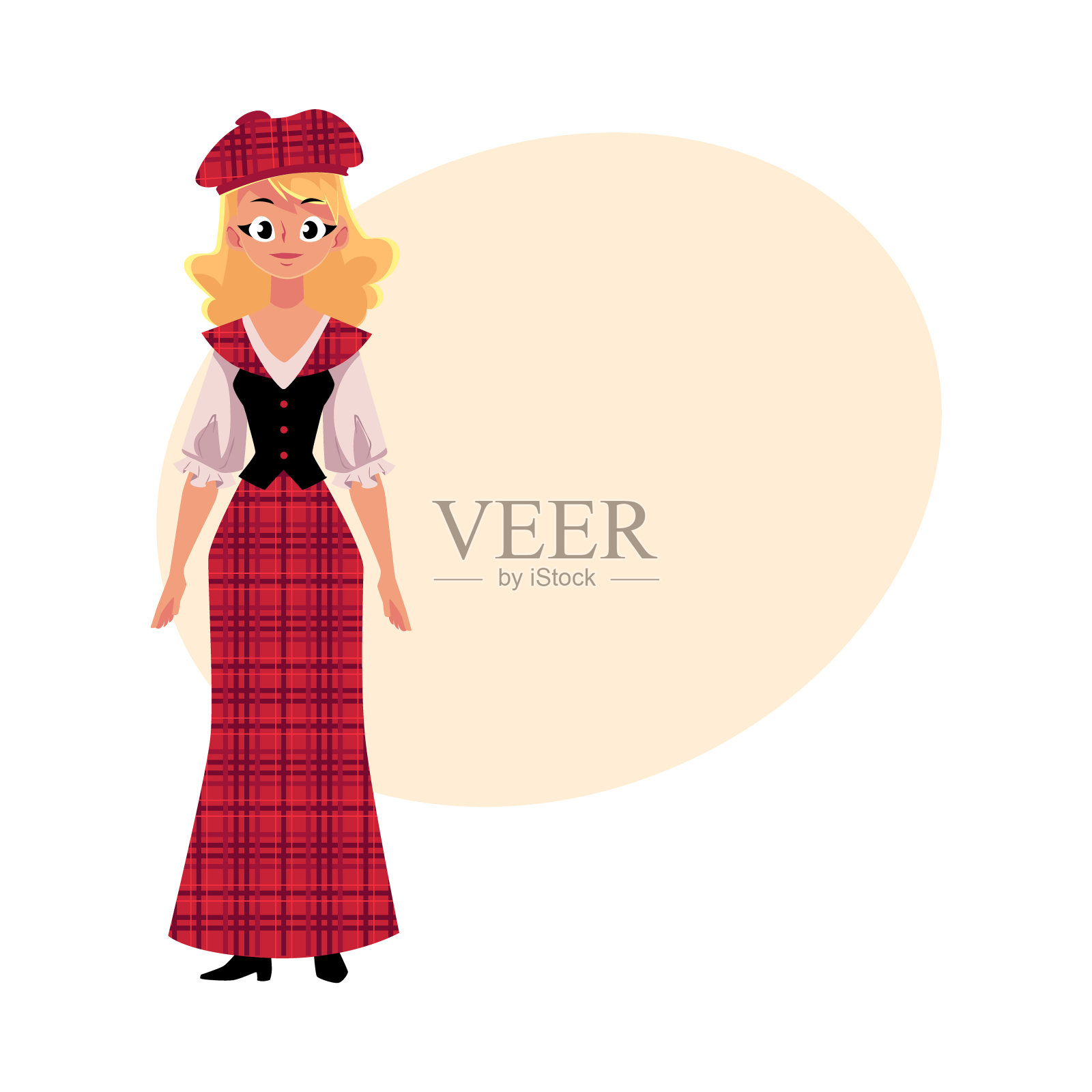 苏格兰妇女在民族服装格子贝雷帽设计元素图片