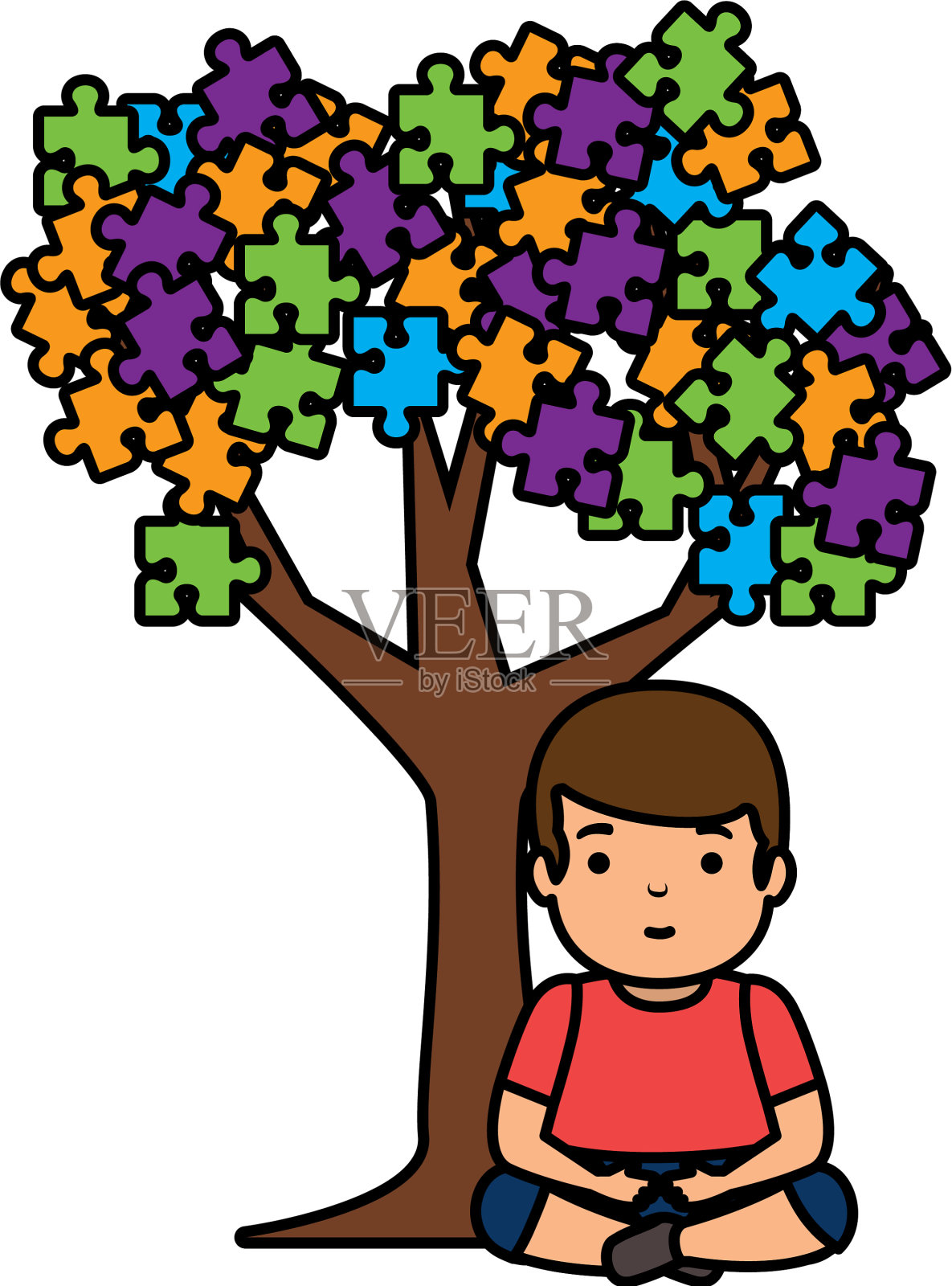 男孩带着树拼图设计元素图片