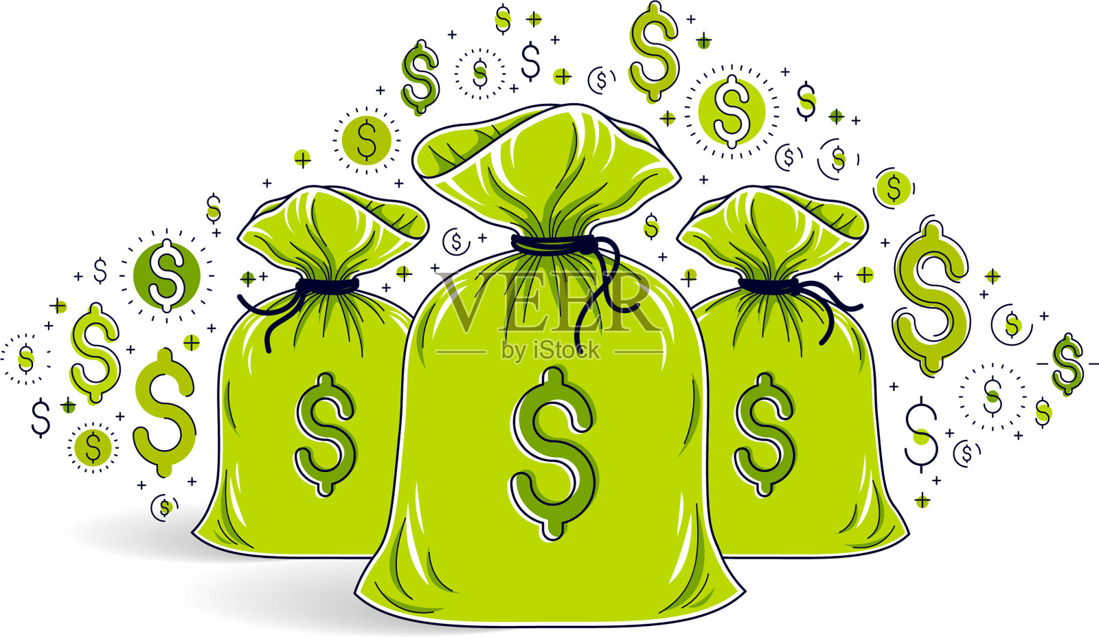 钱袋和美元图标集设计节省或设计元素图片