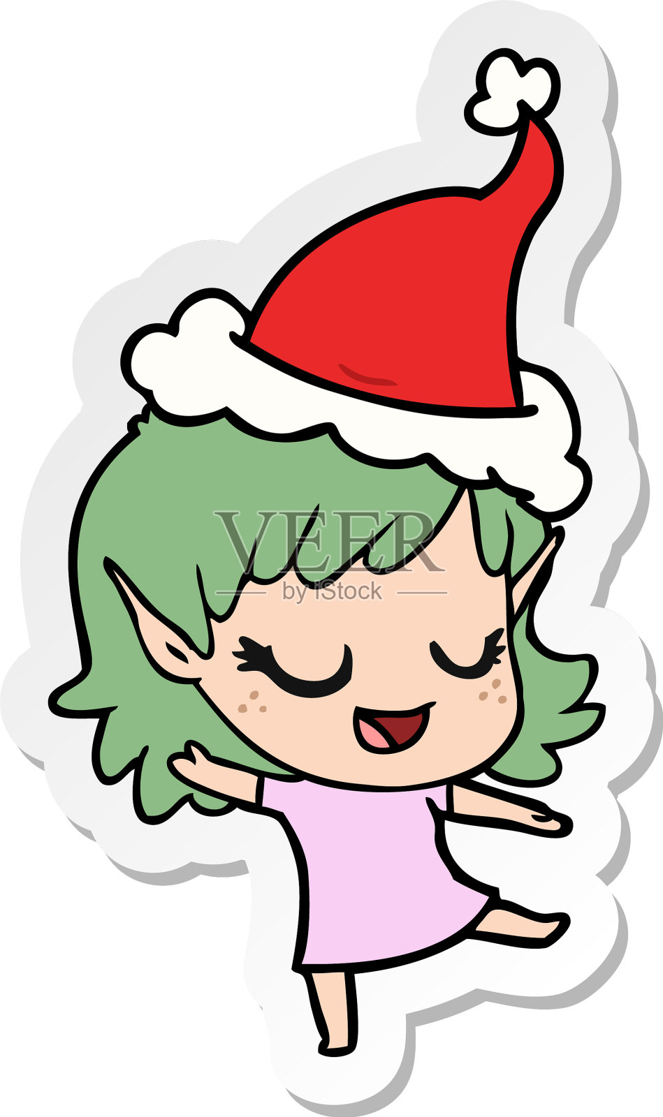 一个小精灵女孩穿着圣诞老人的快乐贴纸卡通设计元素图片