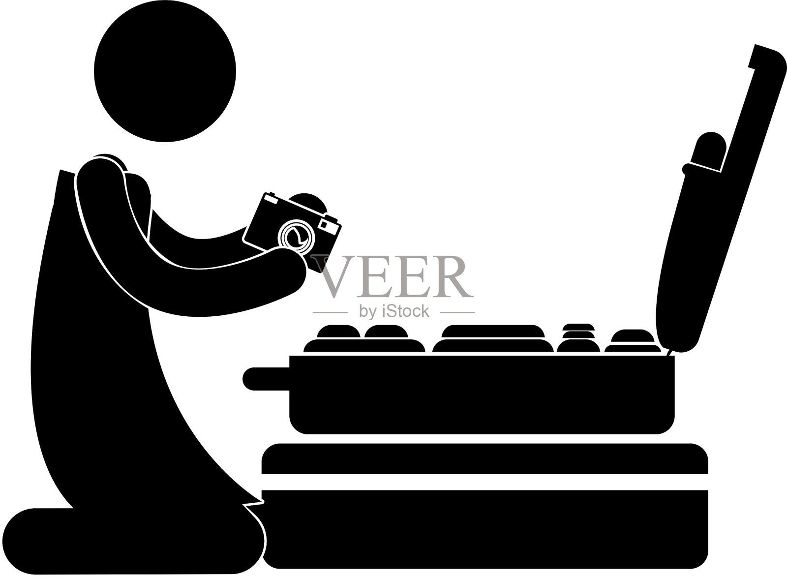 一个人带着相机和行李跪着插画图片素材