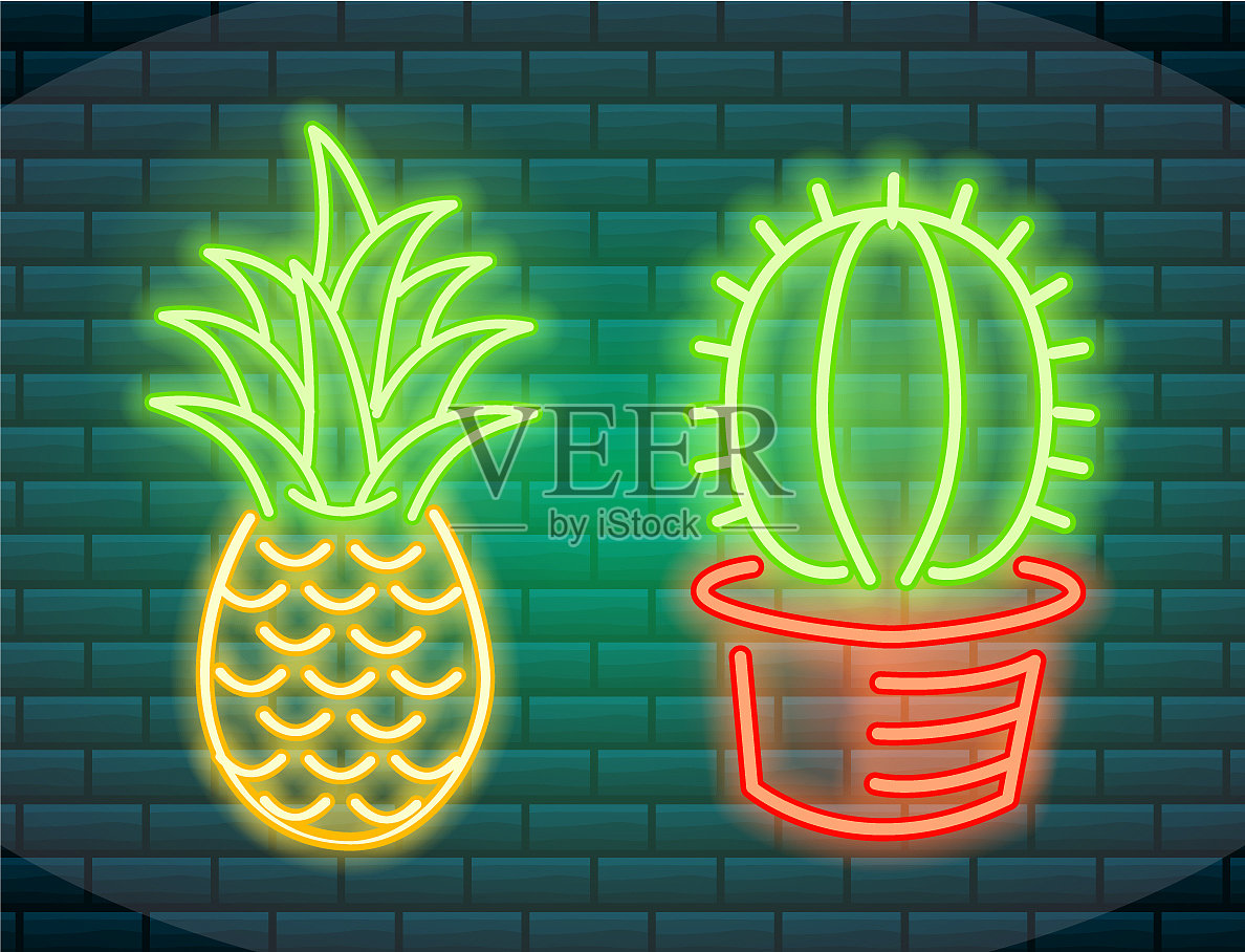 霓虹灯和图标仙人掌和菠萝插画图片素材