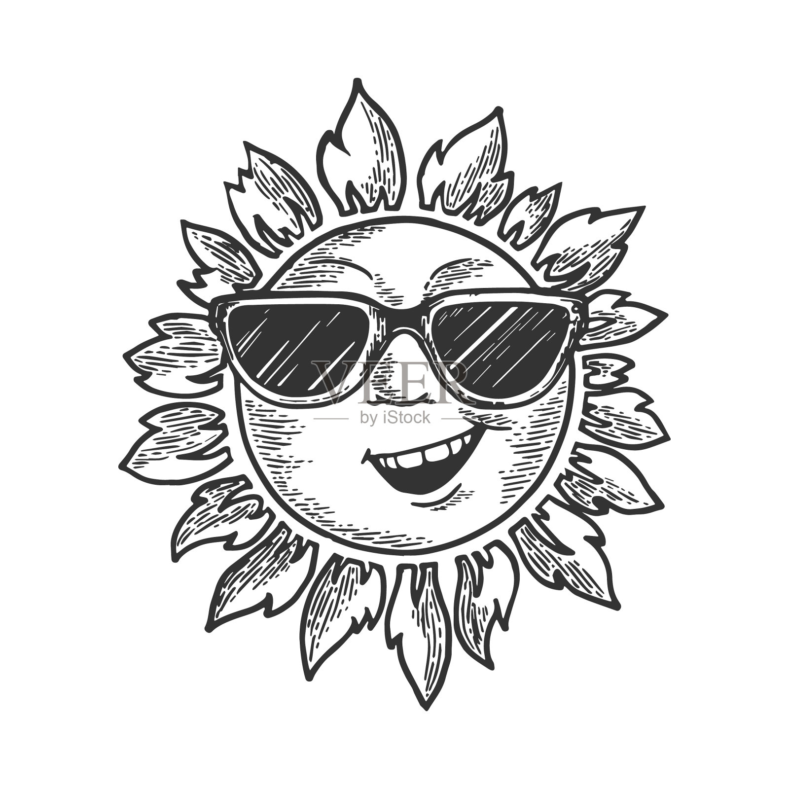 卡通太阳在太阳镜素描雕刻设计元素图片