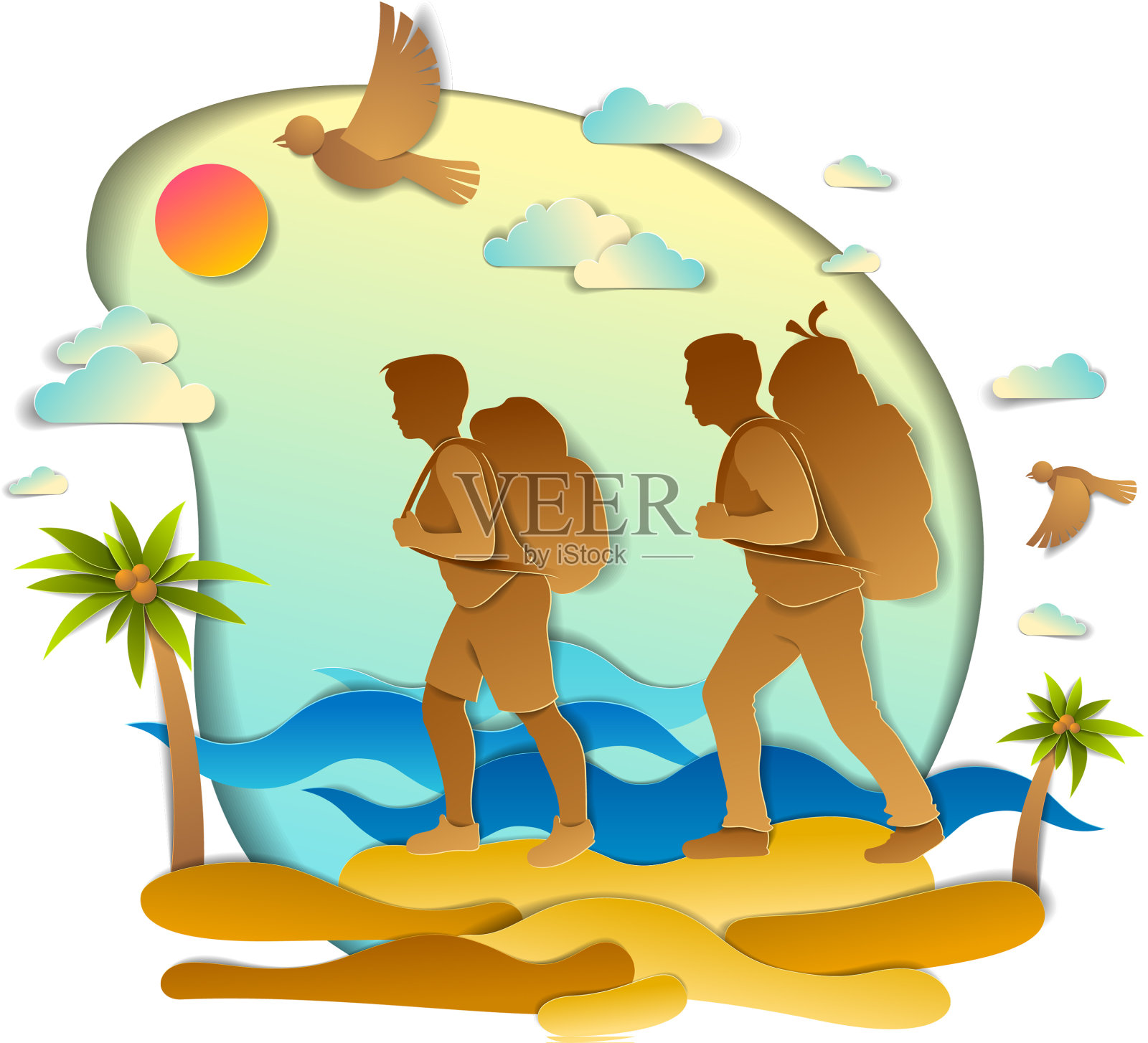 活跃的夫妇徒步旅行到野生海滩与海洋设计元素图片