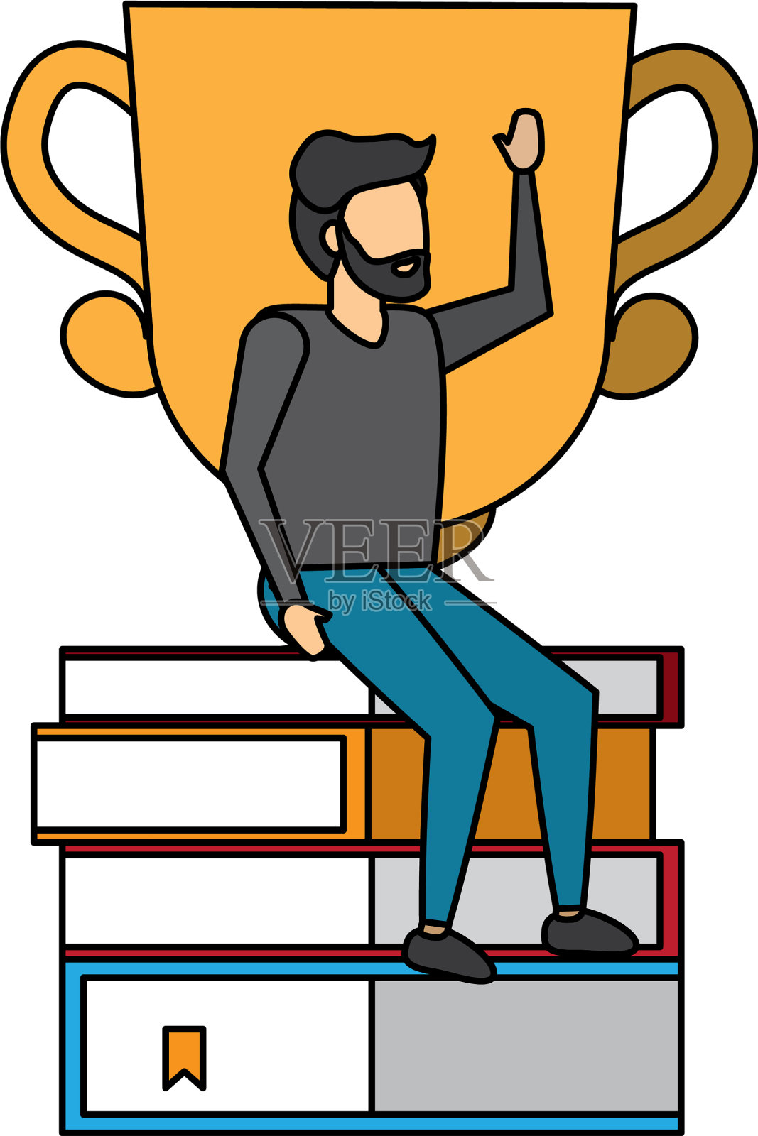 男人坐在书堆着奖杯设计元素图片