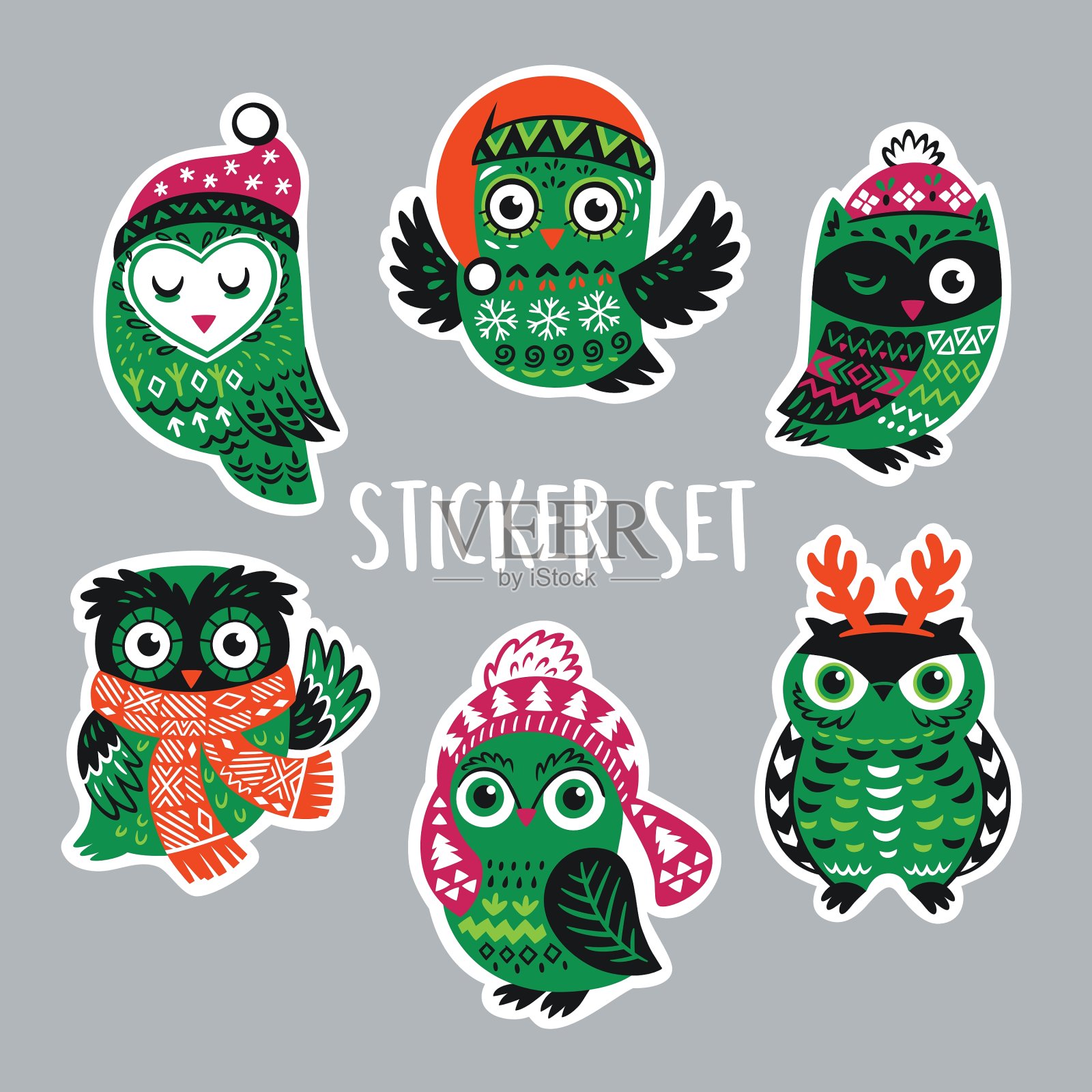 一套与圣诞猫头鹰针织贴纸插画图片素材