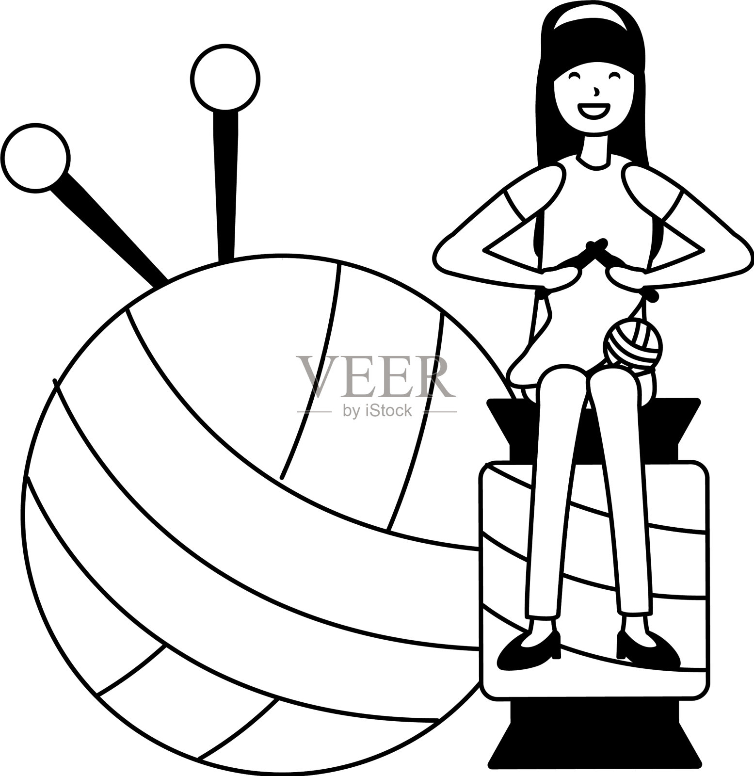 坐在毛线团上织毛线的女人设计元素图片