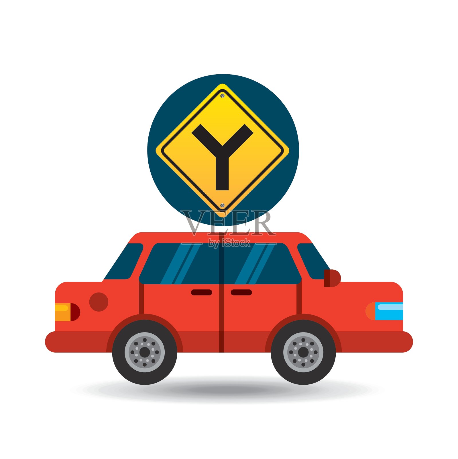 三叉路标志轿车红色设计元素图片