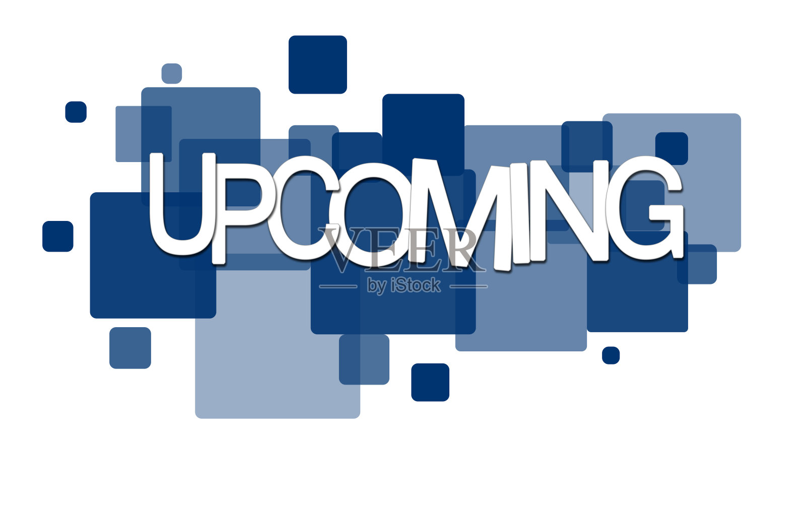 即将重叠的字母旗帜上的蓝色半透明的正方形。白色背景。照片摄影图片