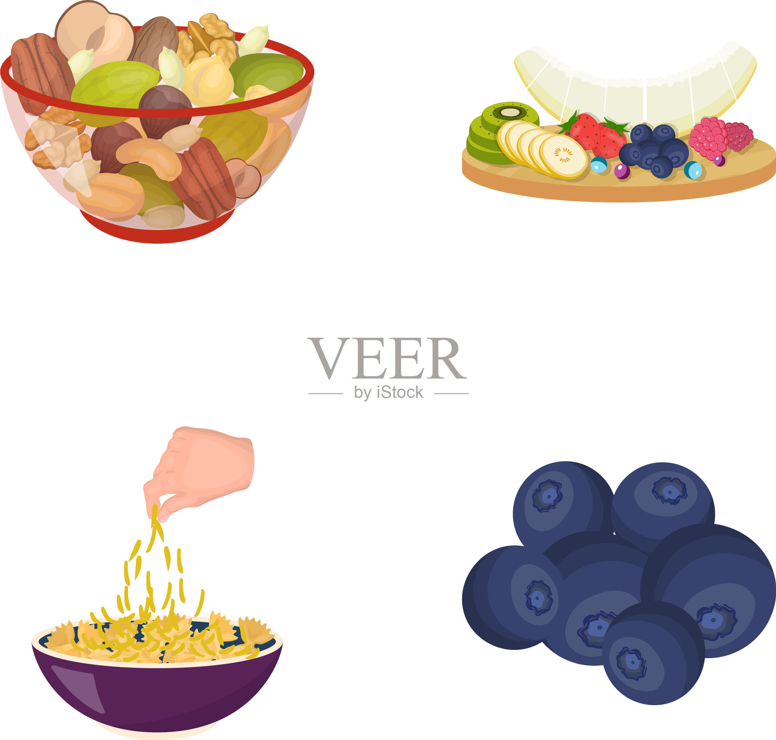 各种坚果，水果和其他食品的食品套装插画图片素材