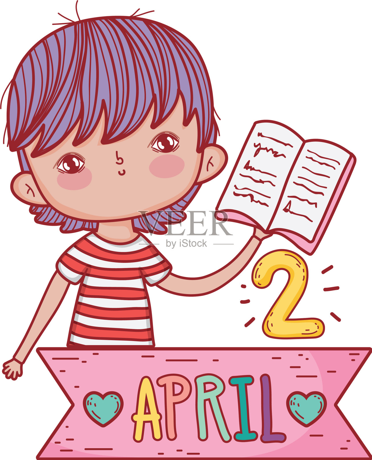 快乐的小男孩用框架缎带看书设计元素图片