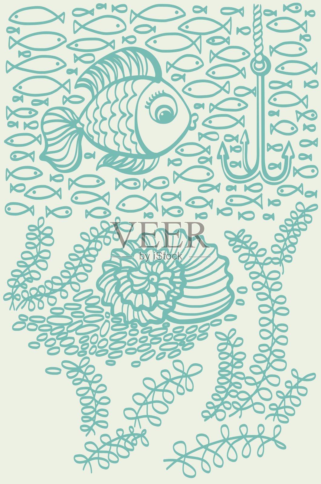海中有贝壳和海藻的鱼插画图片素材