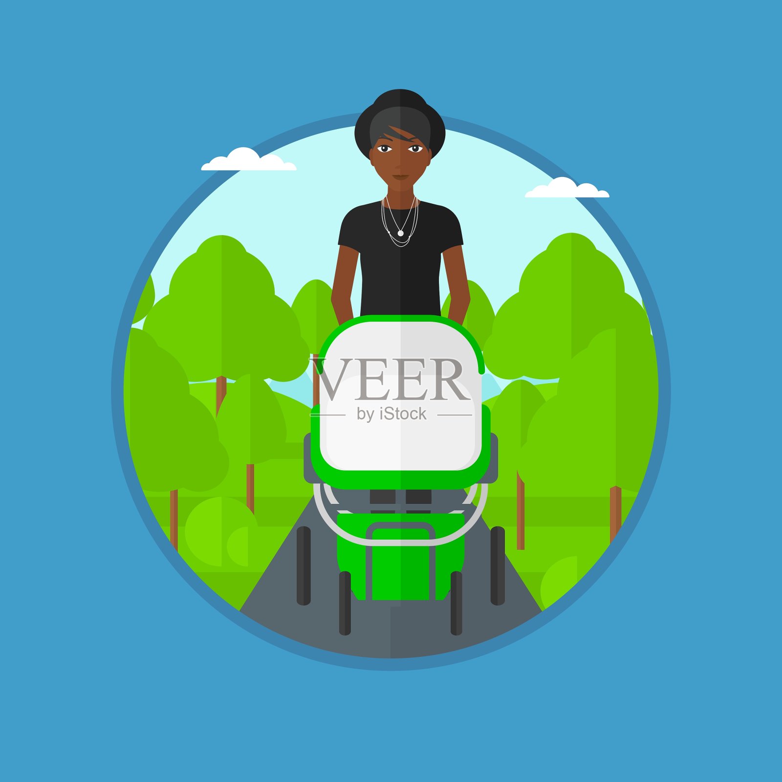 妈妈推着婴儿车走路插画图片素材