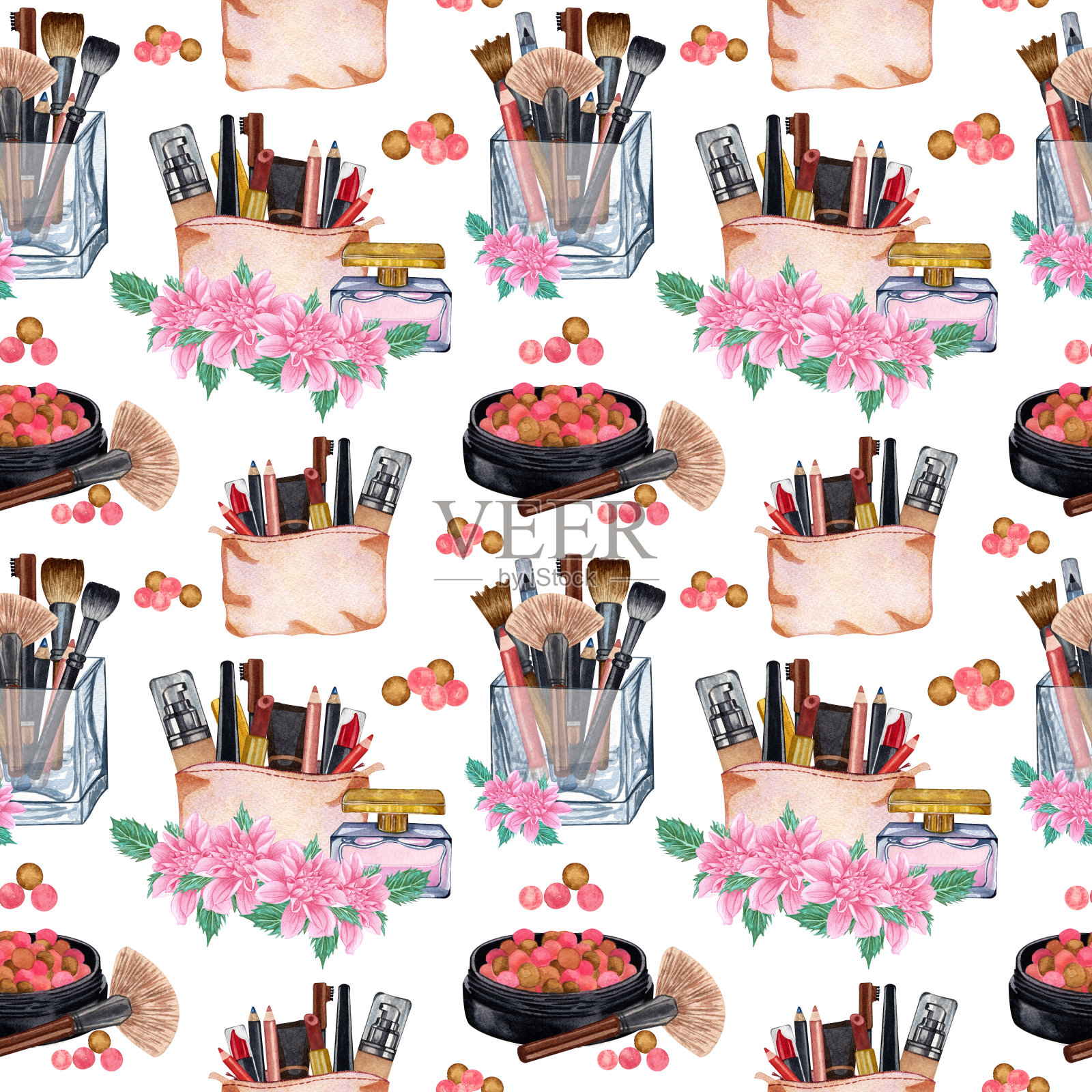水彩构成无缝图案。手绘无缝化妆品图案与口红，眼影，粉末，化妆品纹理，刷子，睫毛膏在白色的背景插画图片素材