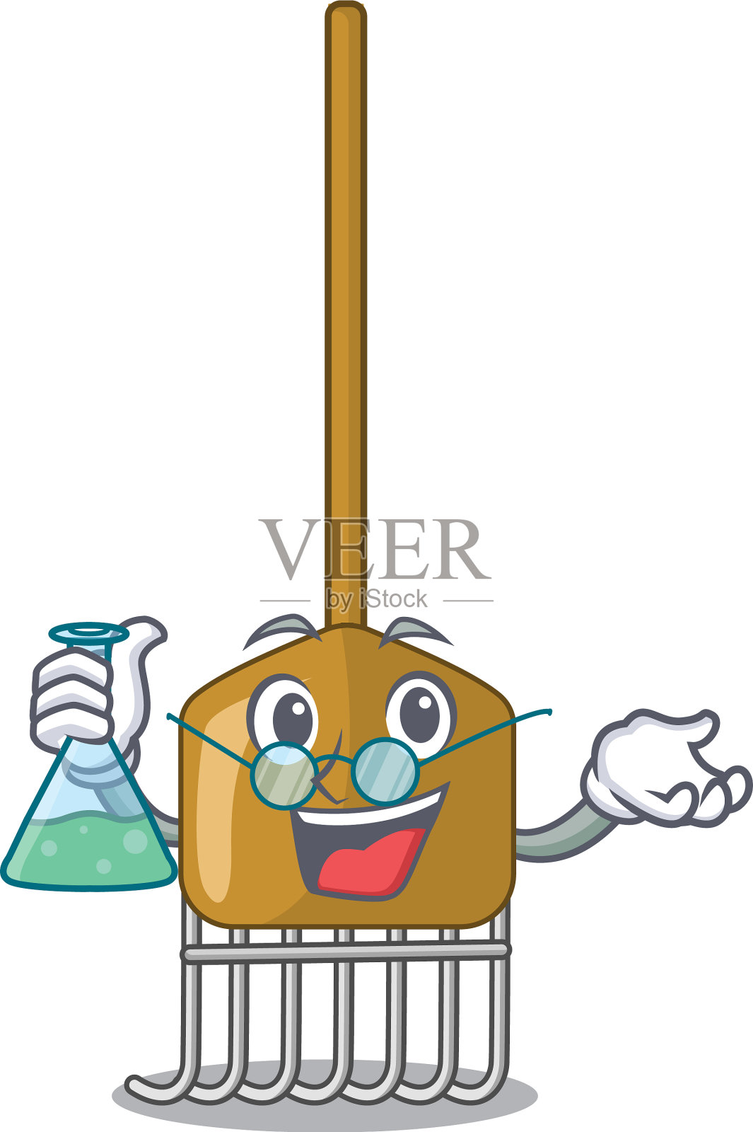 卡通教授用木棍耙树叶插画图片素材