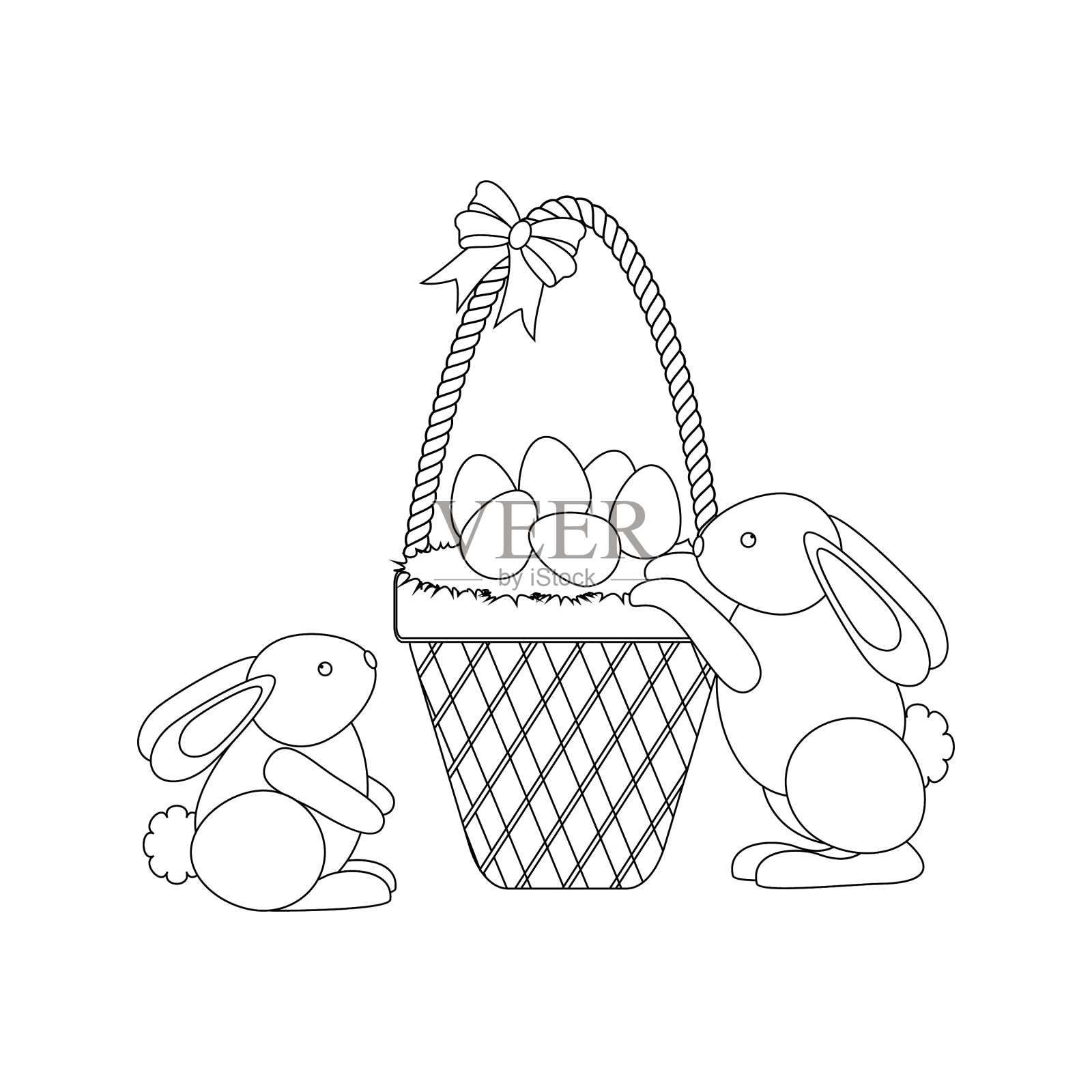 有鸡蛋和兔子轮廓的复活节篮子插画图片素材