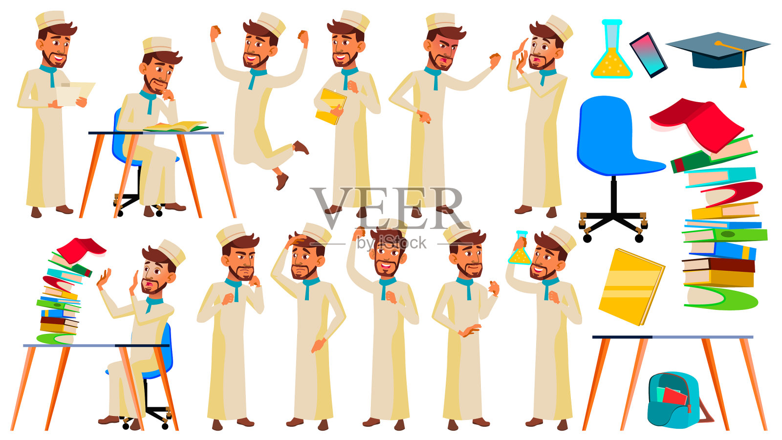 十几岁的男孩摆出阿拉伯穆斯林的面孔插画图片素材