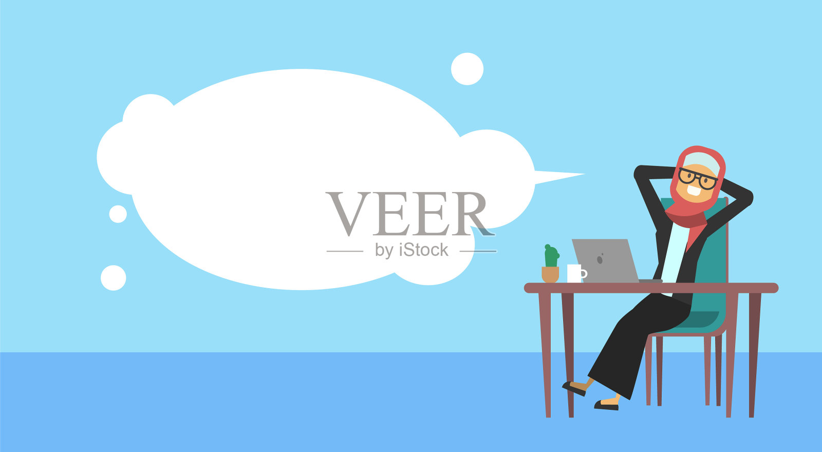 阿拉伯女商人坐在办公桌前握着插画图片素材