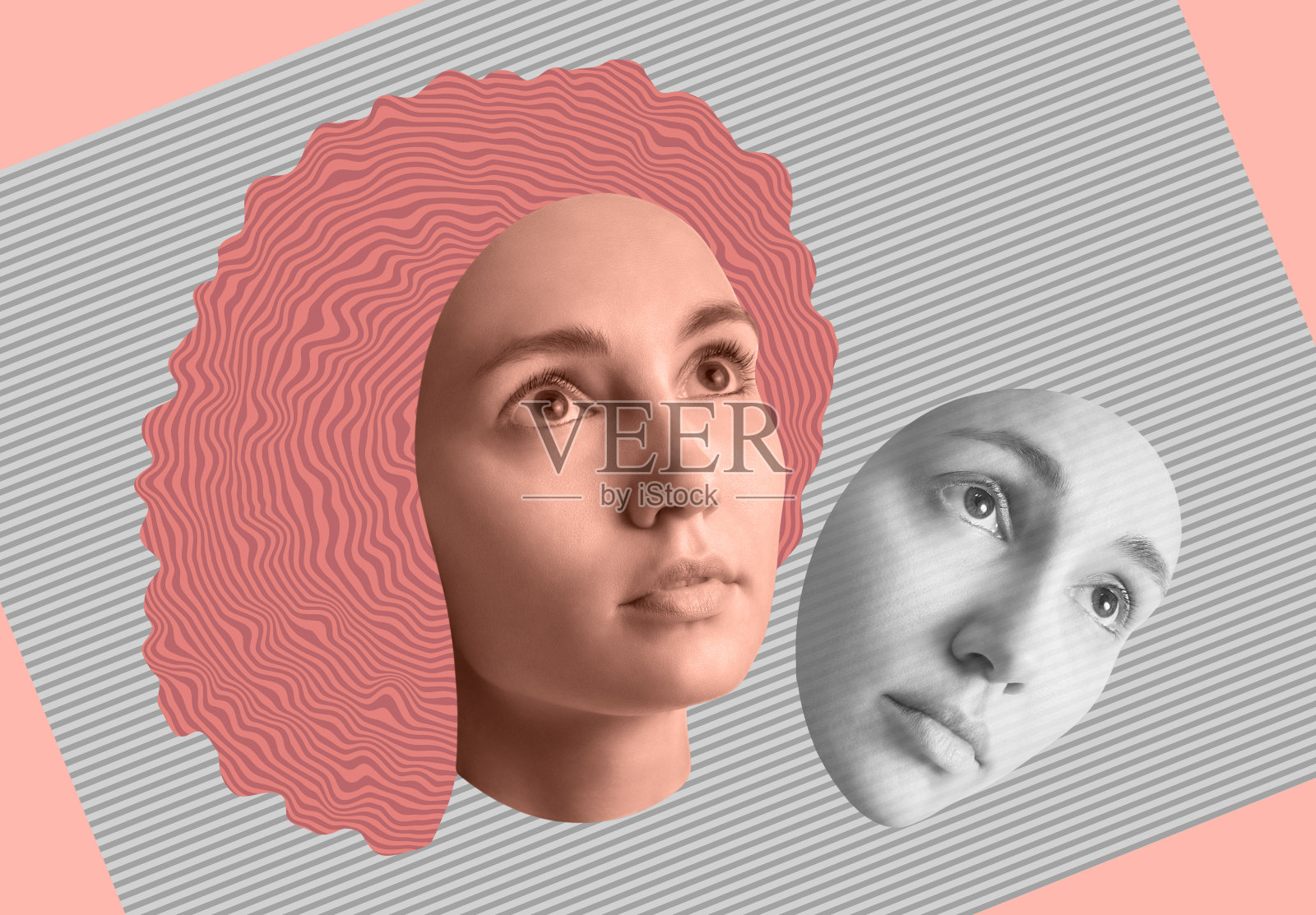 当代艺术概念拼贴以时尚女孩的面孔呈现出一种zine文化风格。漂亮的脸蛋，年轻的女人。照片摄影图片