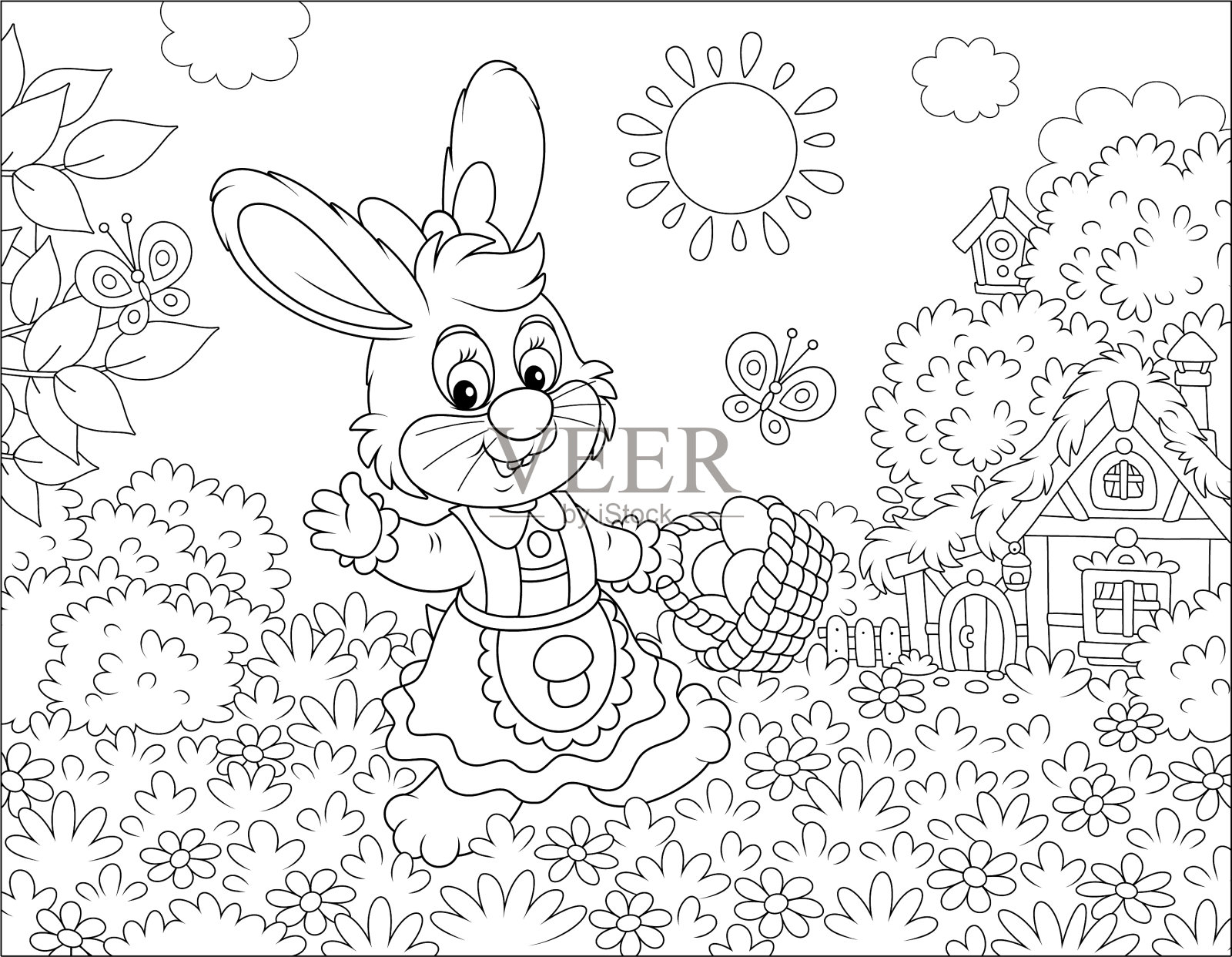 复活节兔子拿着一篮子彩蛋插画图片素材