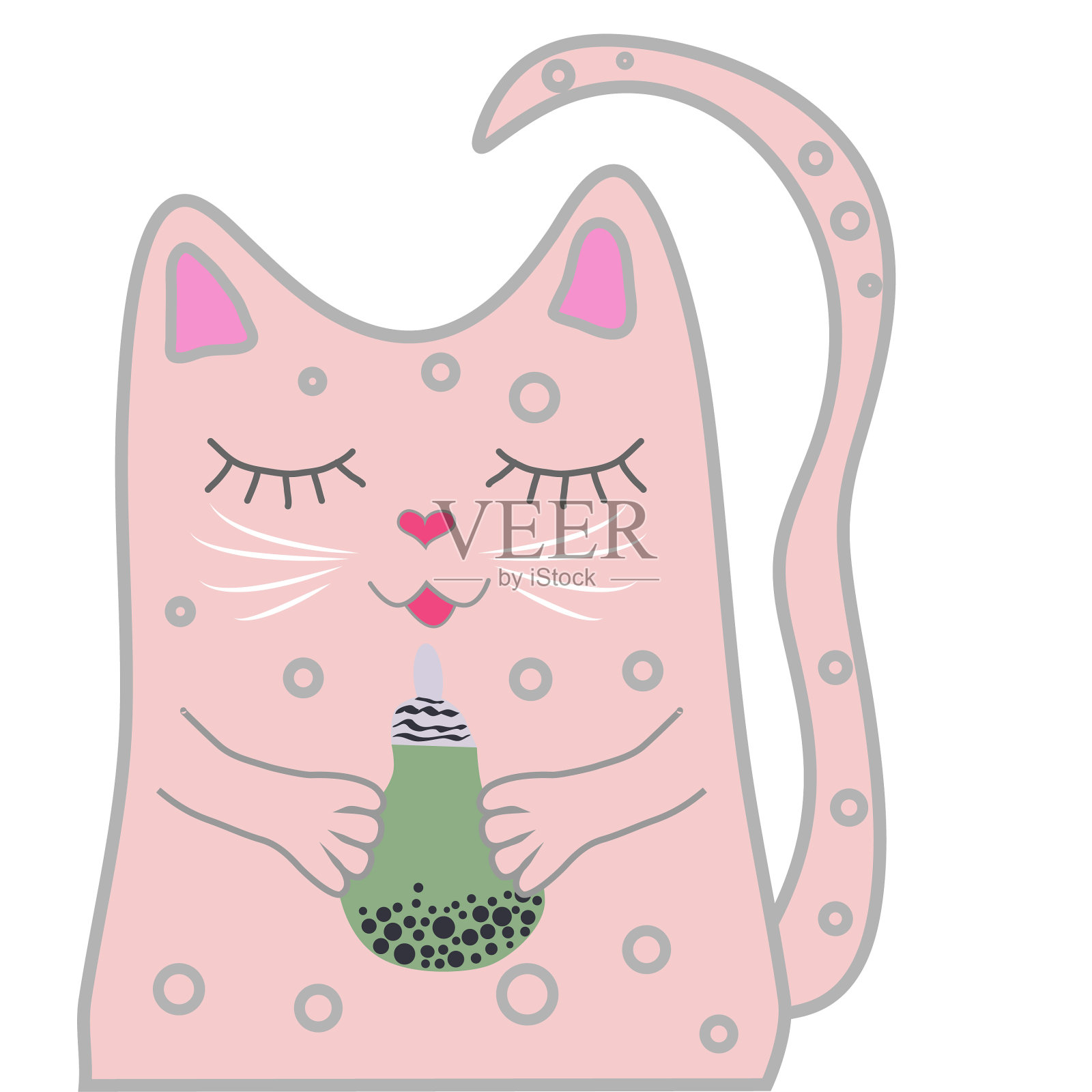 有趣的粉红猫闭上眼睛，拿着饮料插画图片素材