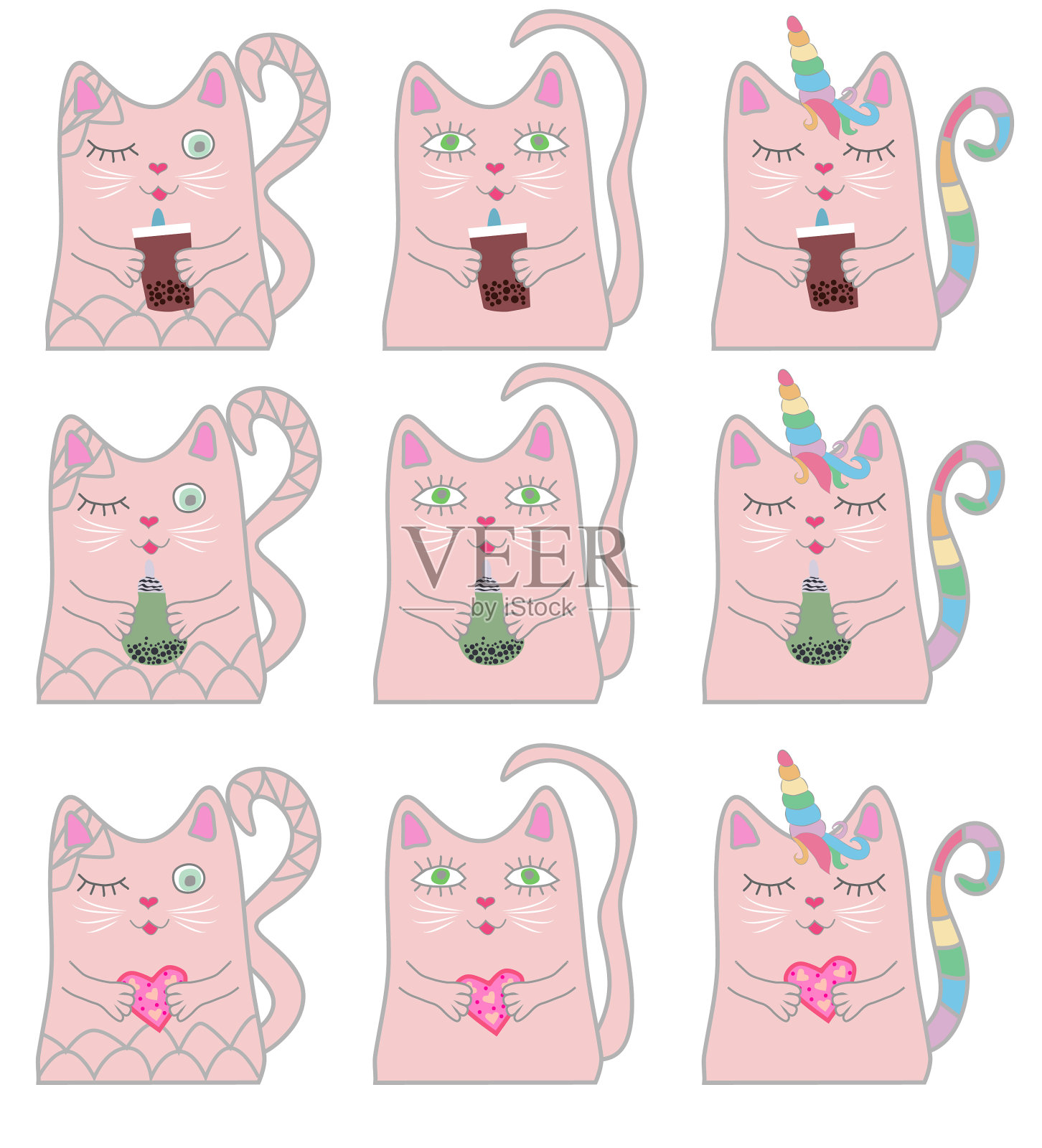 大集搞笑粉猫独角兽概念插画图片素材