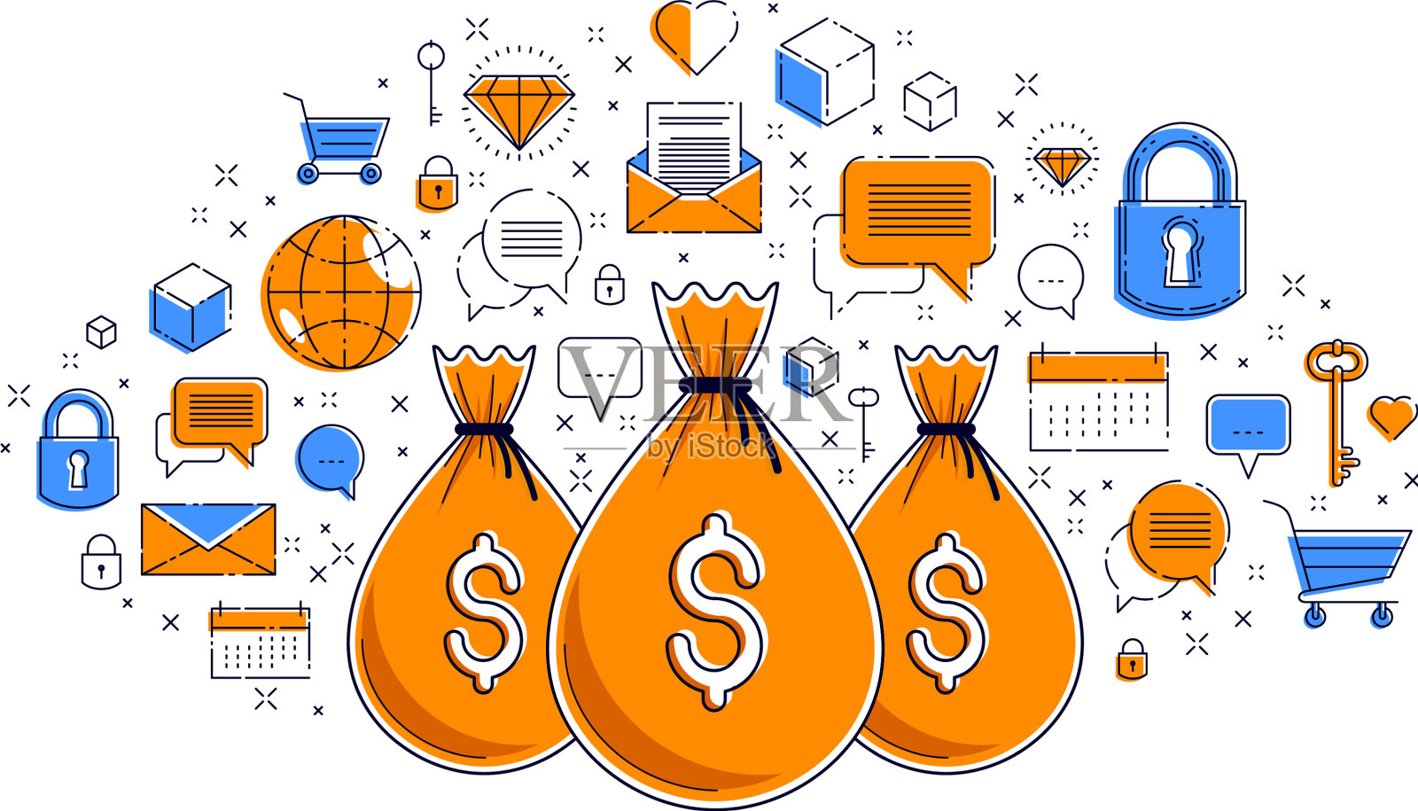 钱袋和图标集设计储蓄或设计元素图片