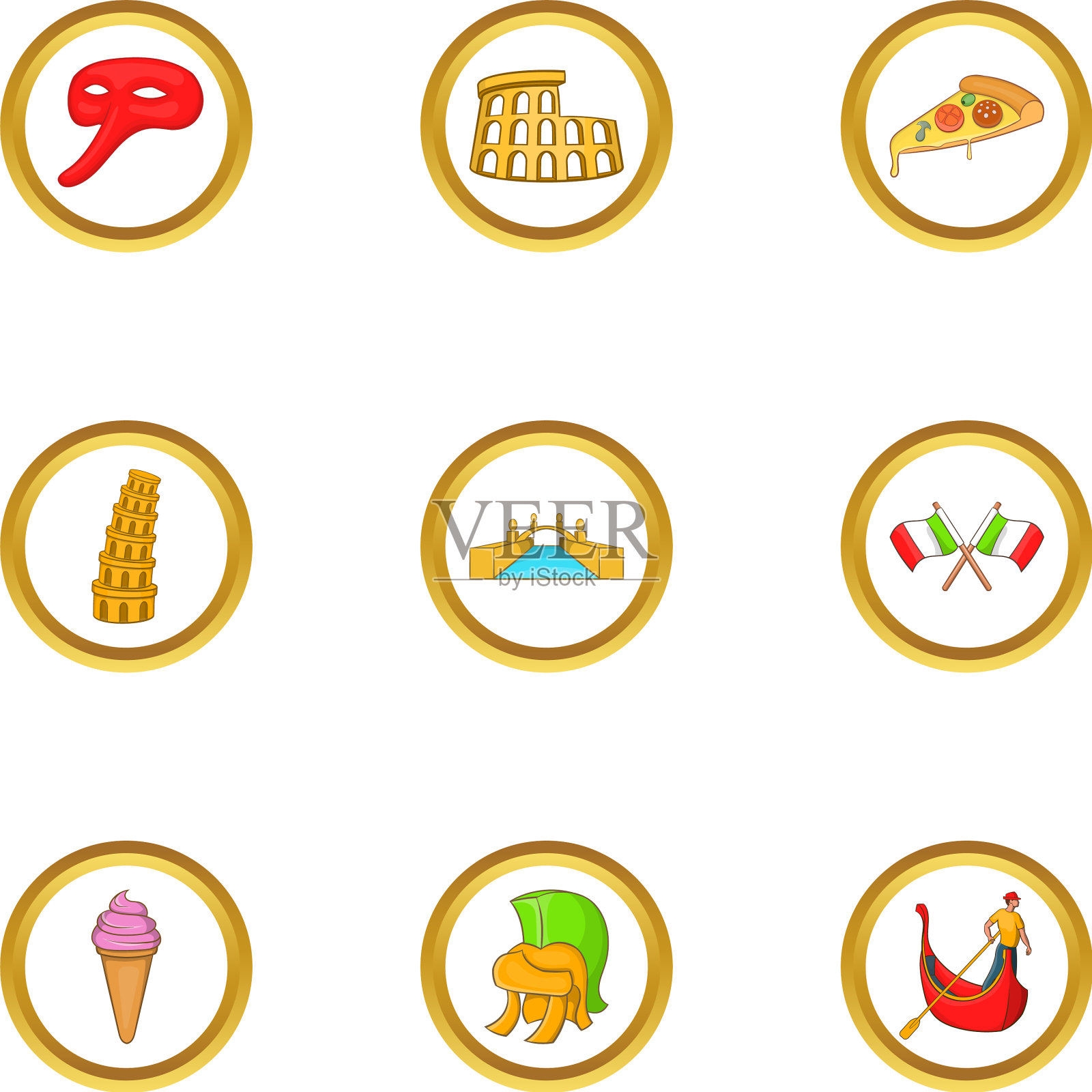 意大利旅游图标集卡通风格图标素材