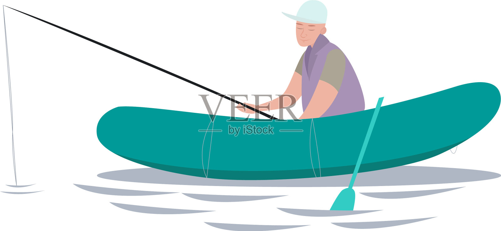 渔民坐在充气船上钓鱼设计元素图片