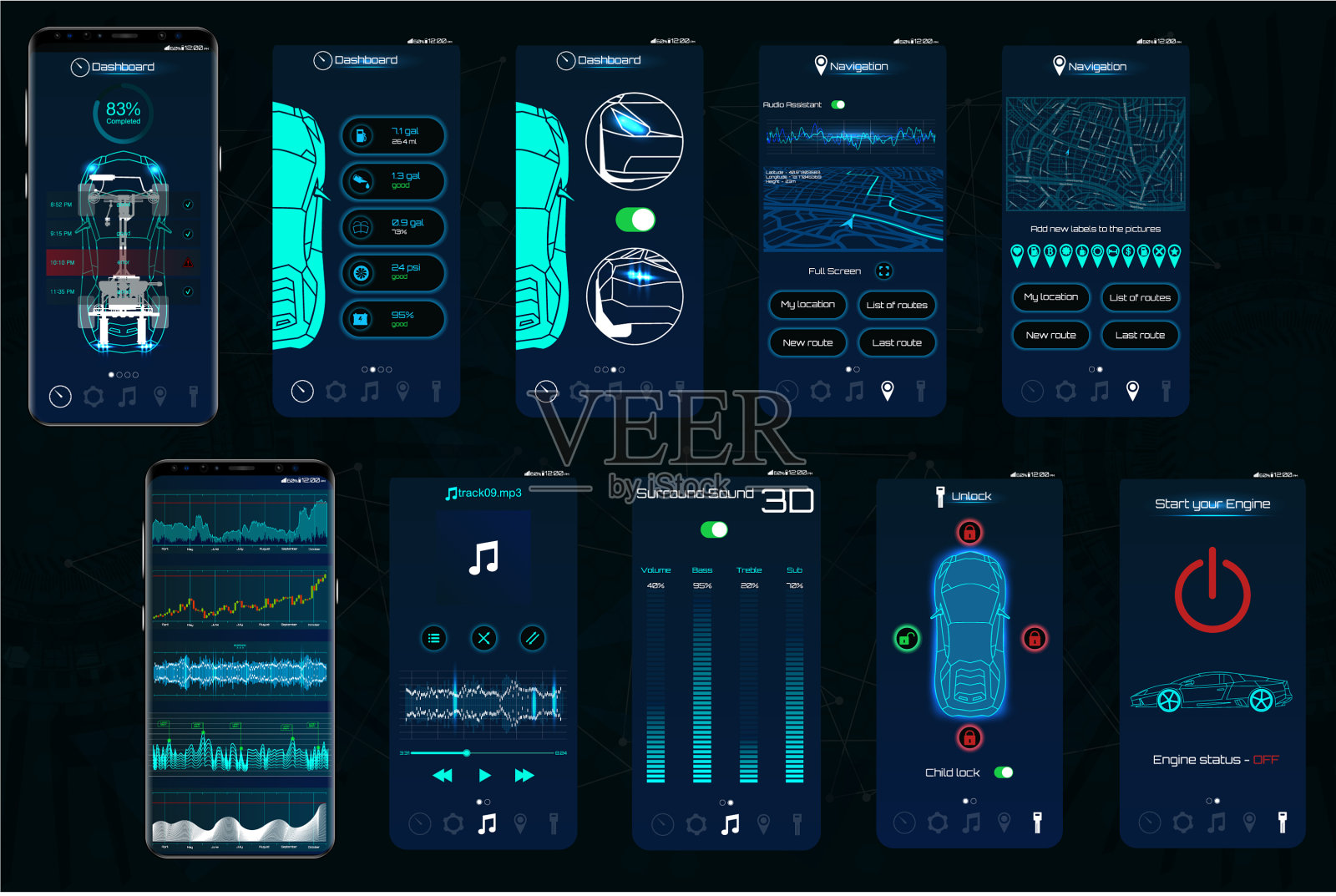 控制汽车应用程序的移动界面屏幕插画图片素材