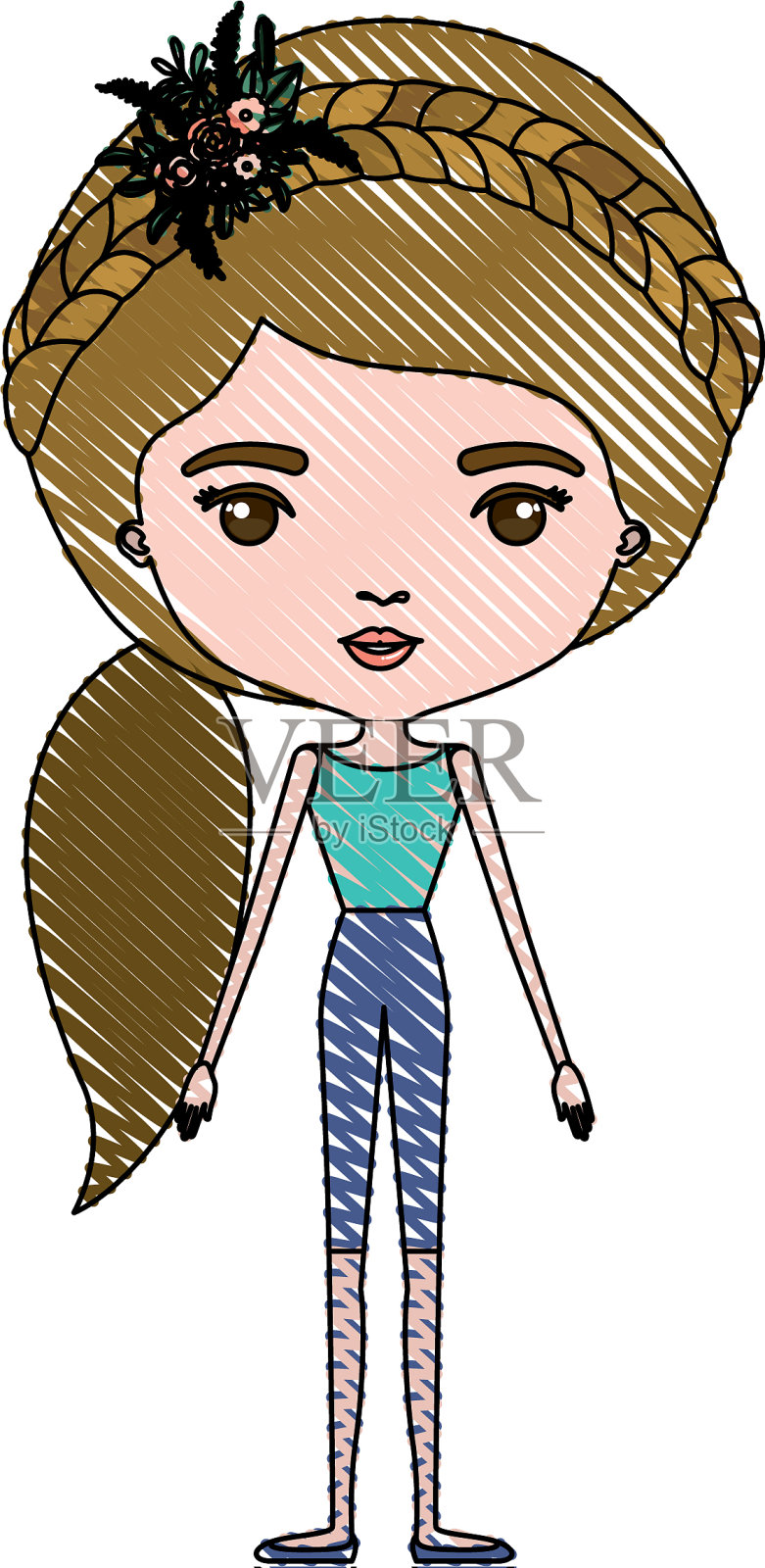 彩色蜡笔剪影漫画瘦女人在插画图片素材