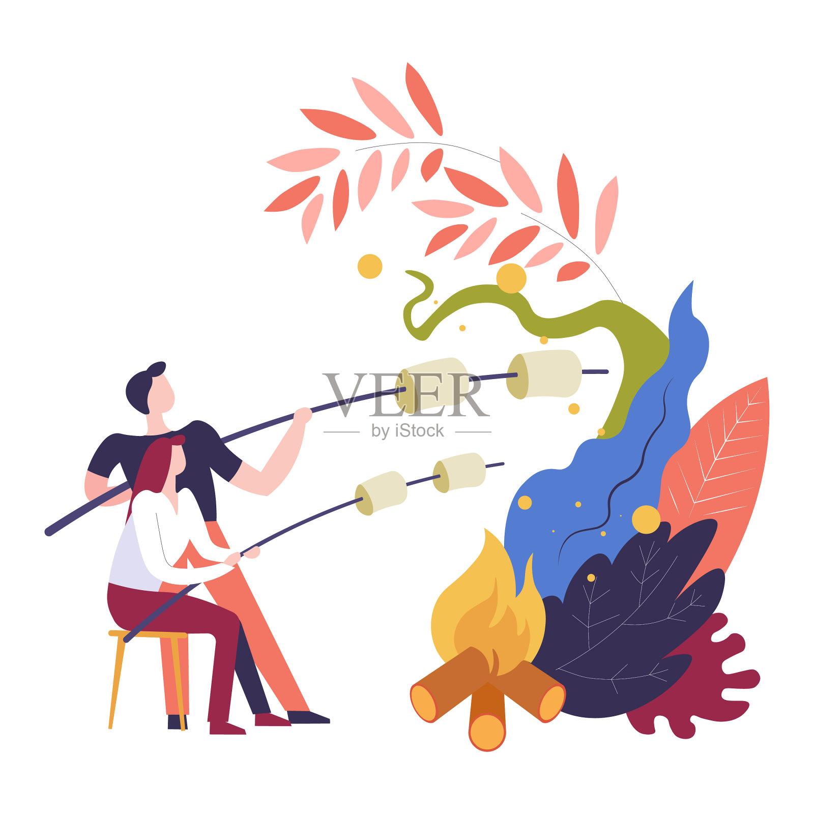 人们拿着棉花糖坐在篝火旁设计元素图片