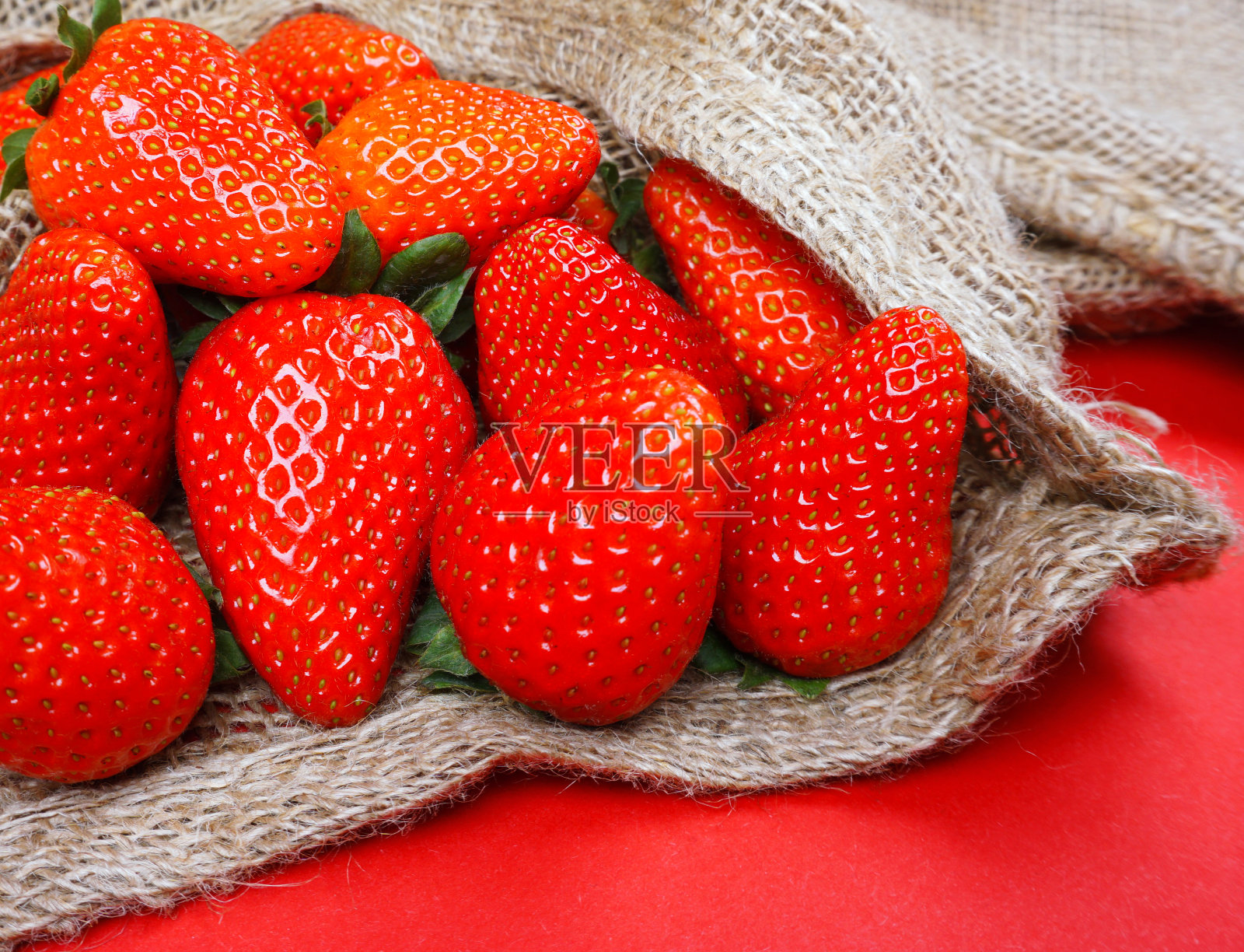 粗麻纱有机新鲜草莓。真正的水果浆果在红色背景与复制空间为您自己的文本。自己种植的草莓用于奶昔或冰沙。健康食品。照片摄影图片