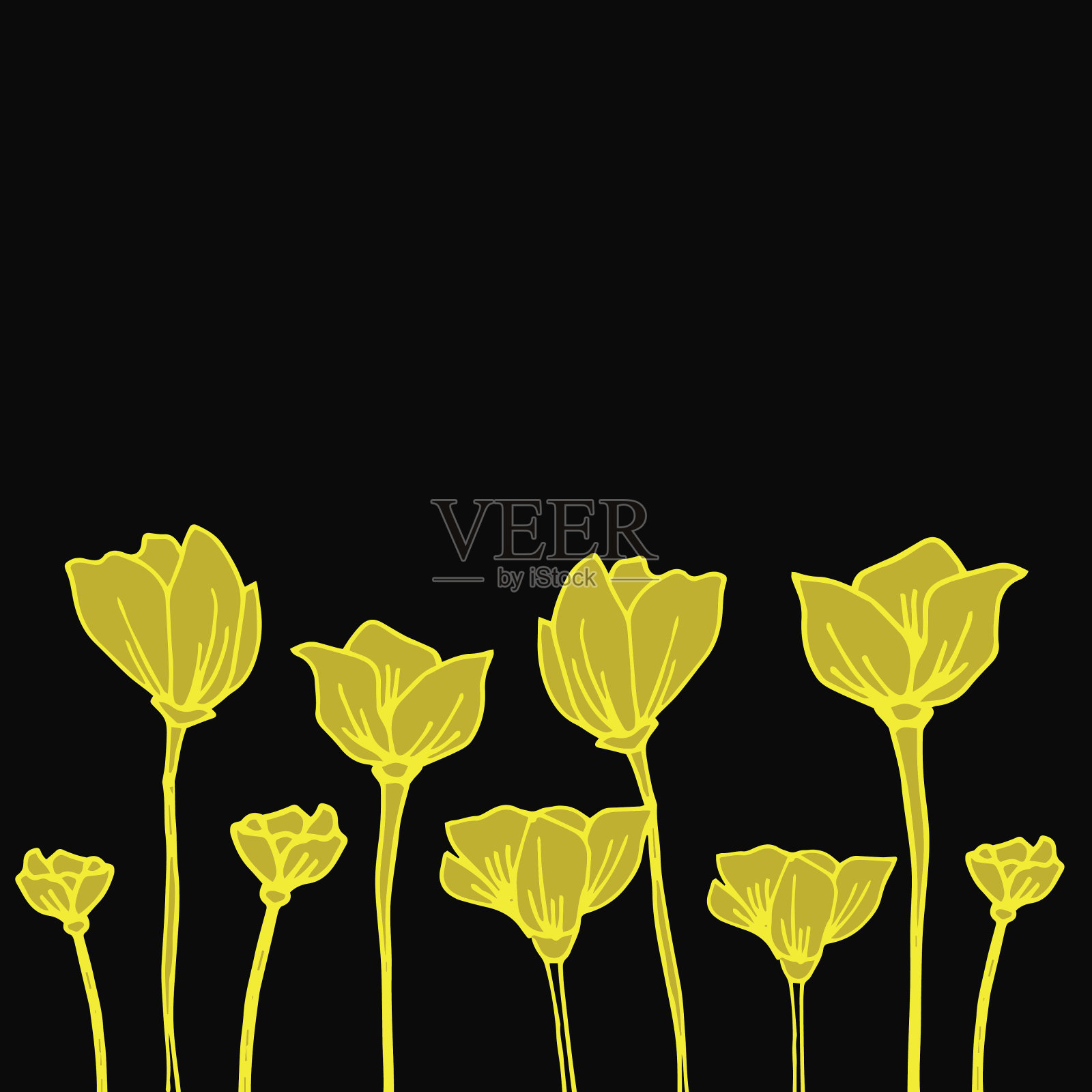 手绘矢量复古元素。野生和自由。矢量插图黄色花在黑色的背景插画图片素材