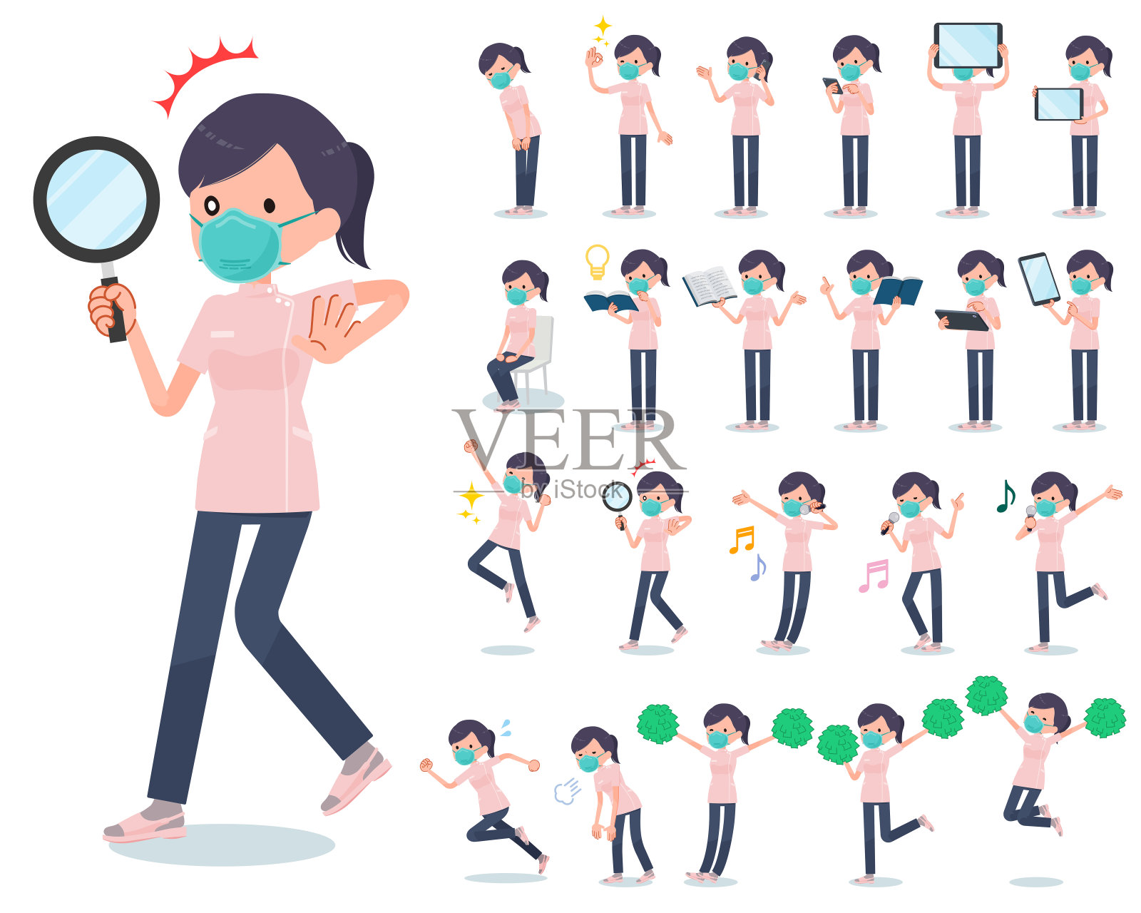 扁平型口罩医务人员妇女_行动插画图片素材