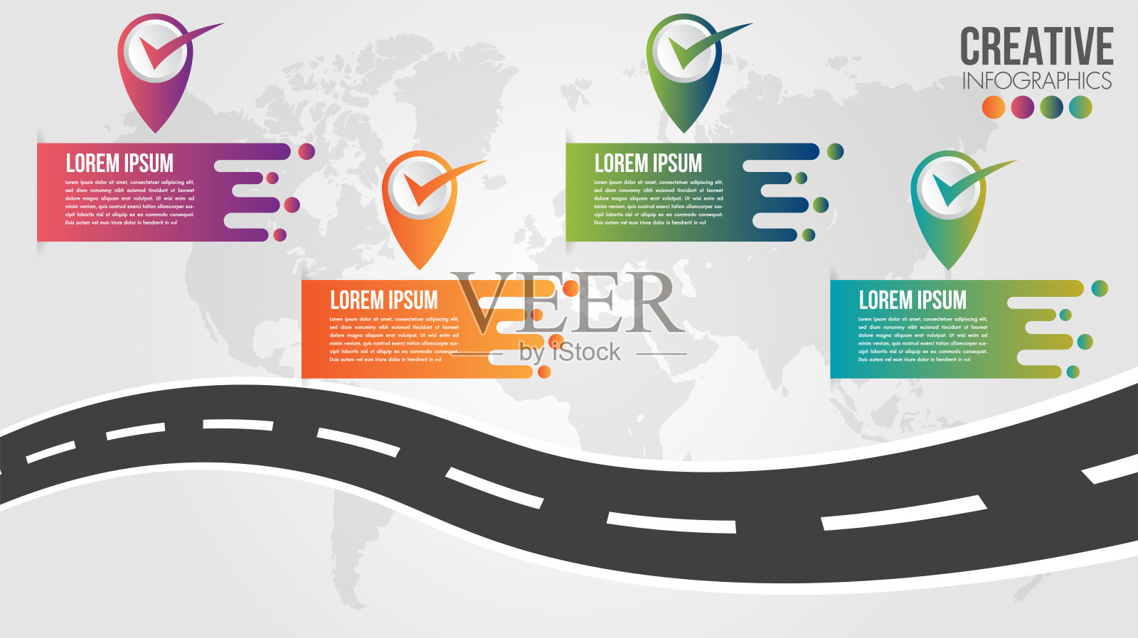 商业信息图表时间线设计模板与图标和4个数字选项或步骤。可用于流程演示、工作流布局、图表插画图片素材