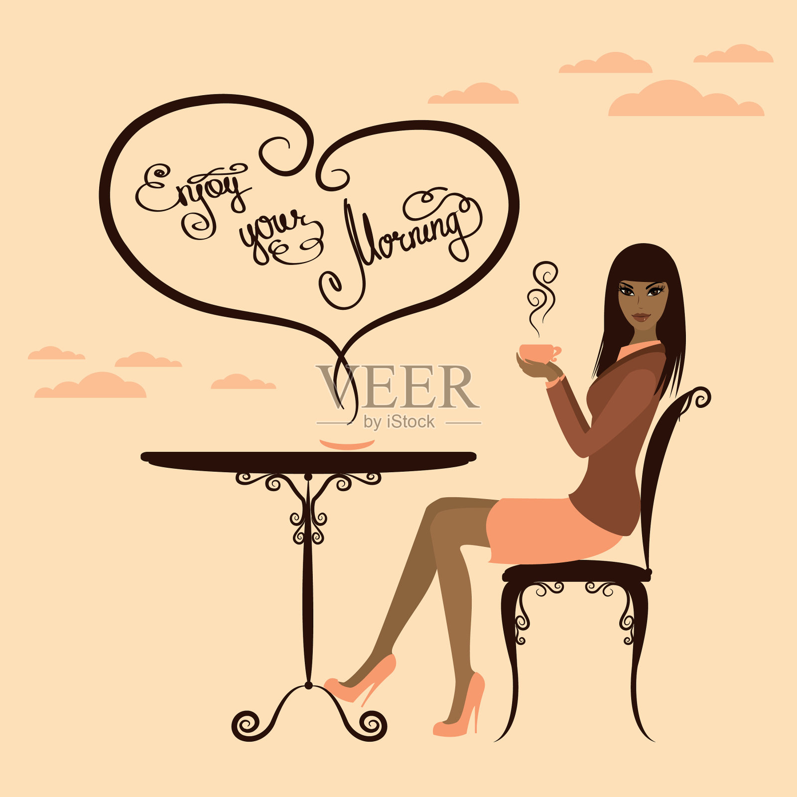 美丽的女孩喝着咖啡享受你的早晨插画图片素材