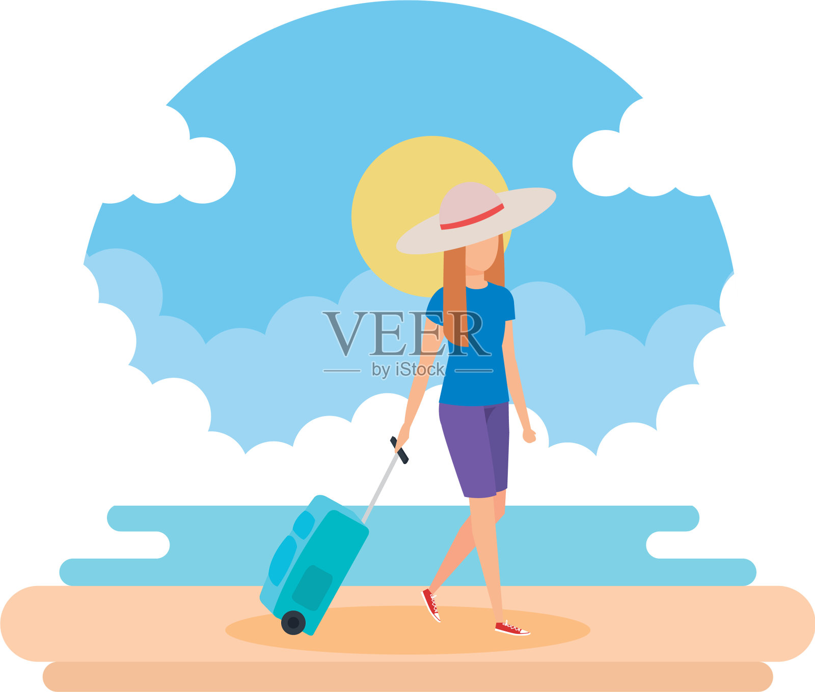 带着行李箱的女游客在海滩上设计元素图片
