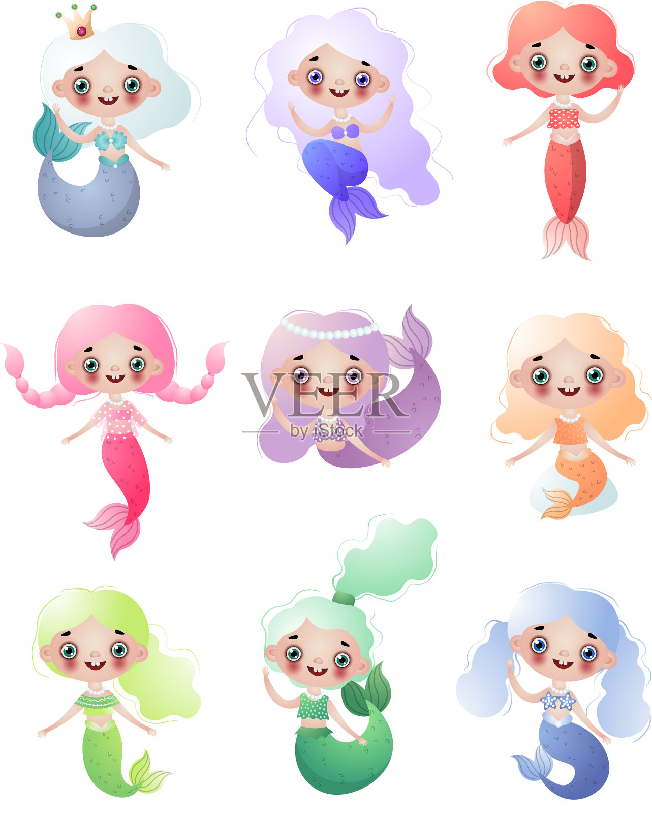 一套可爱的美人鱼女孩孤立在白色插画图片素材