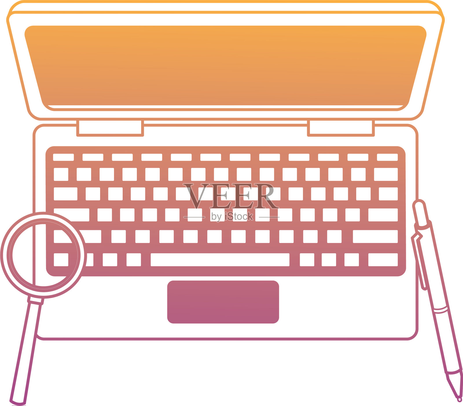 笔记本电脑，放大镜和彩笔彩虹线插画图片素材