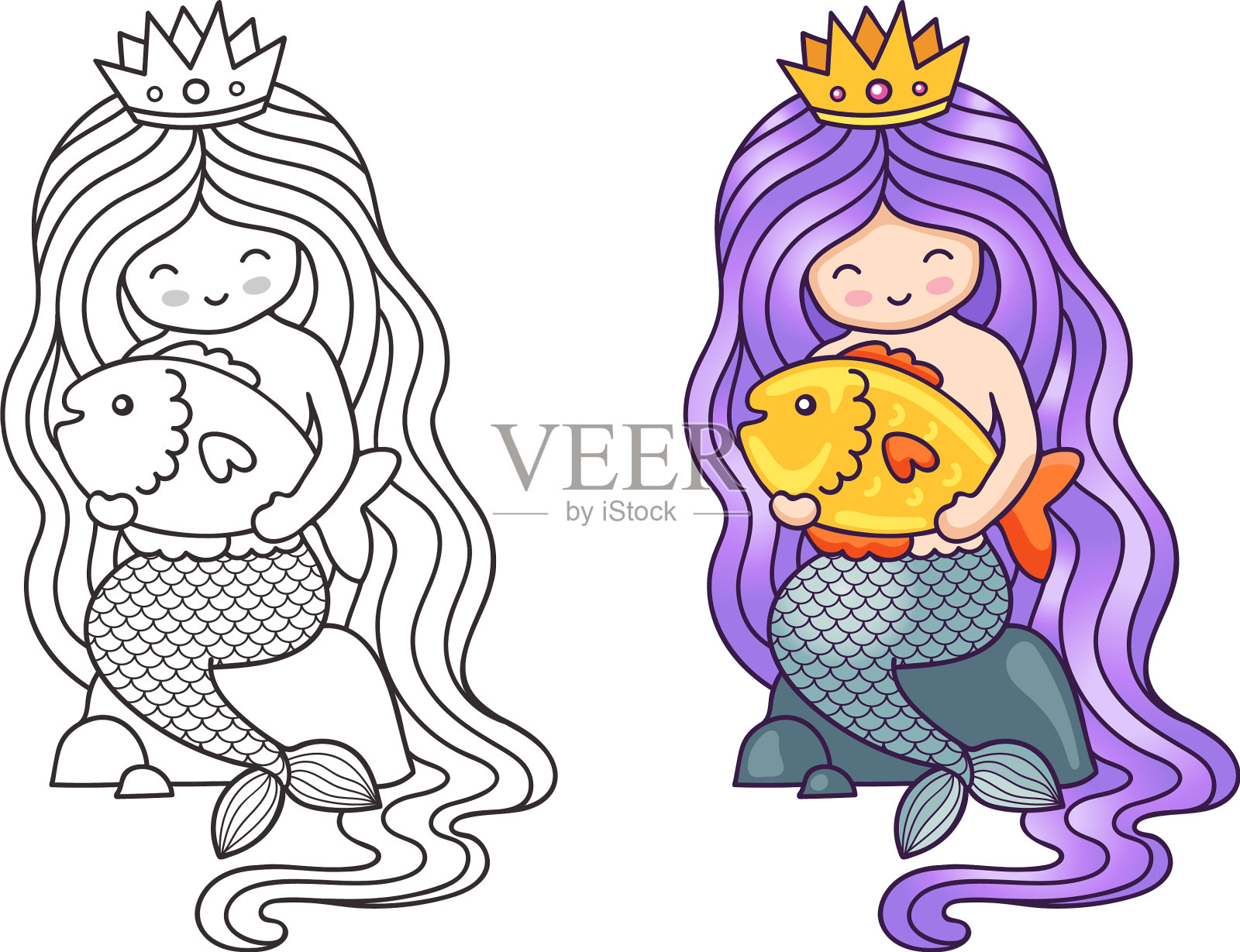 美丽的美人鱼与长紫色梯度头发插画图片素材