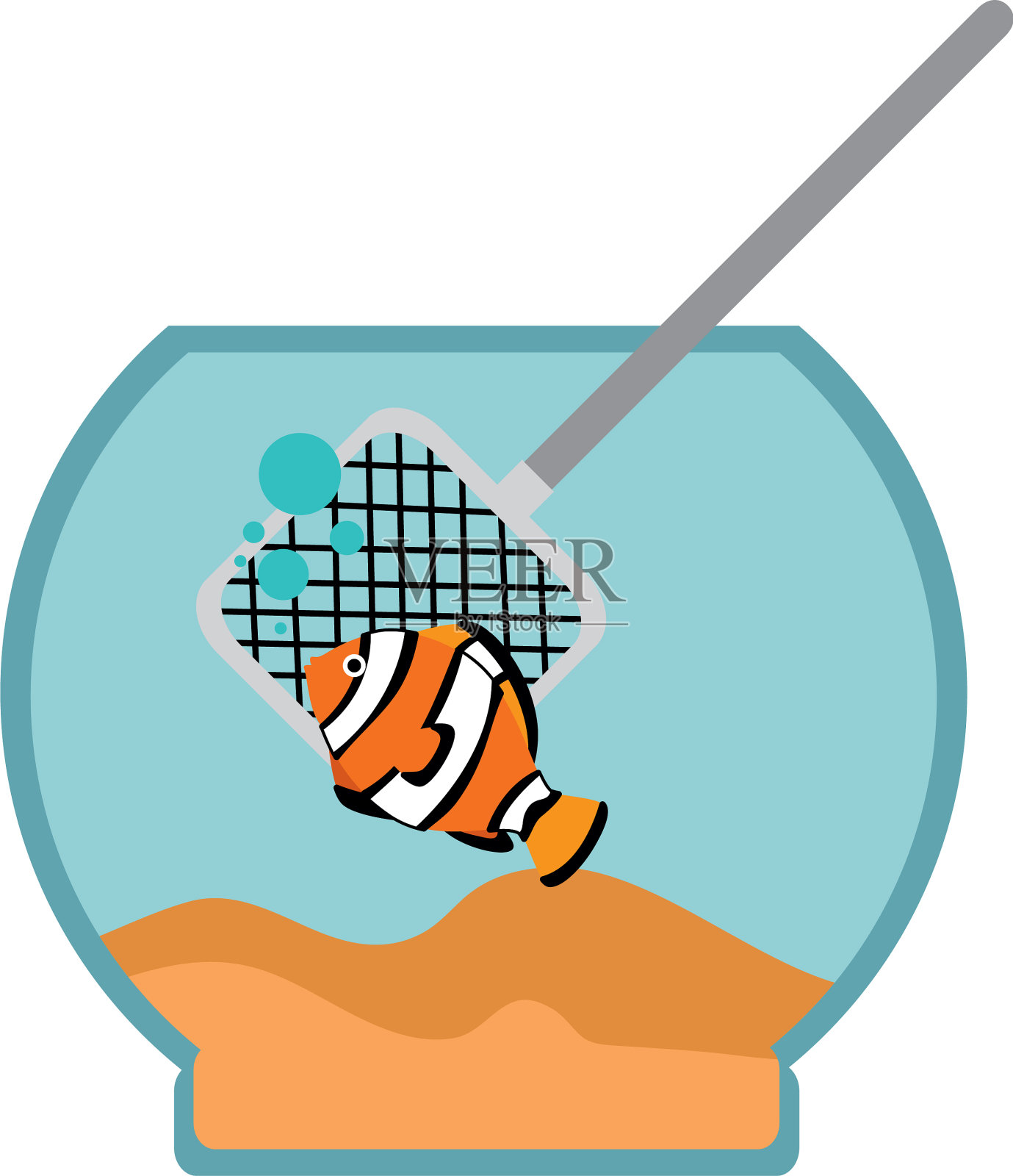 水族碗与颜色鱼和渔网设计元素图片