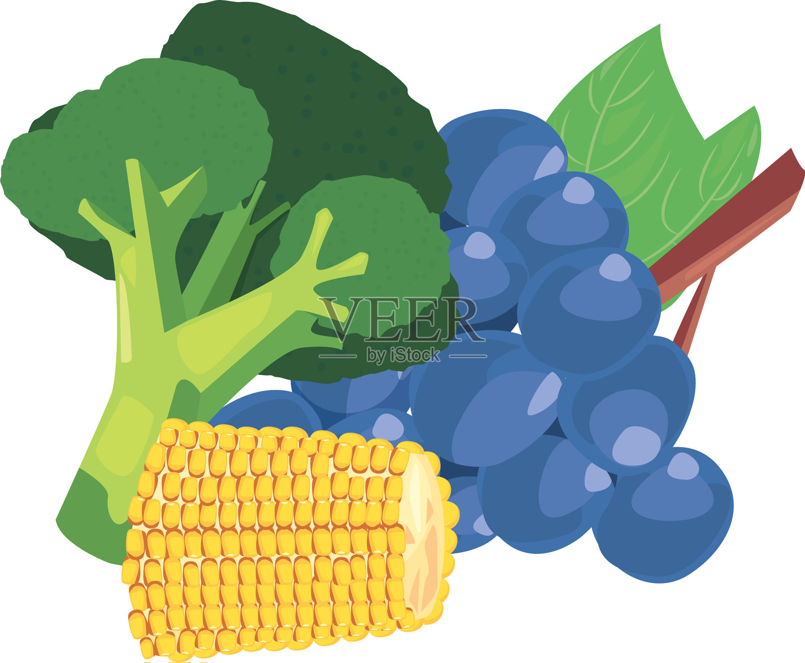 西兰花、葡萄、玉米是新鲜食品插画图片素材